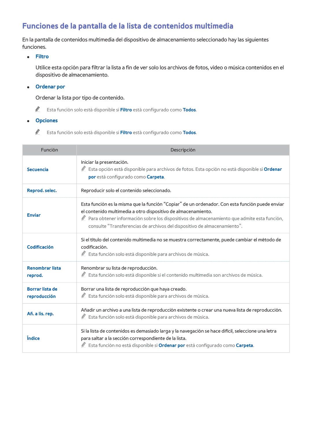 Samsung UA65HU9000LXMV, UE65HU8500LXXH manual Filtro, Ordenar por, Ordenar la lista por tipo de contenido, Opciones 