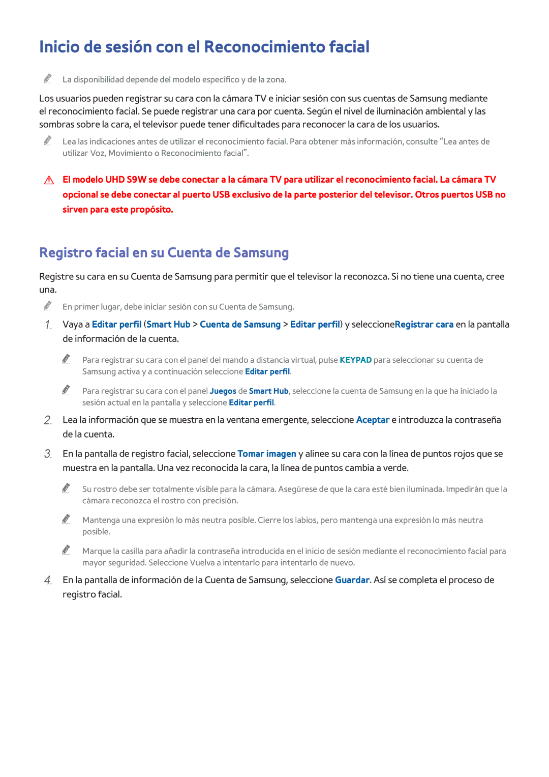 Samsung UA65HU9000LXMV manual Inicio de sesión con el Reconocimiento facial, Registro facial en su Cuenta de Samsung 