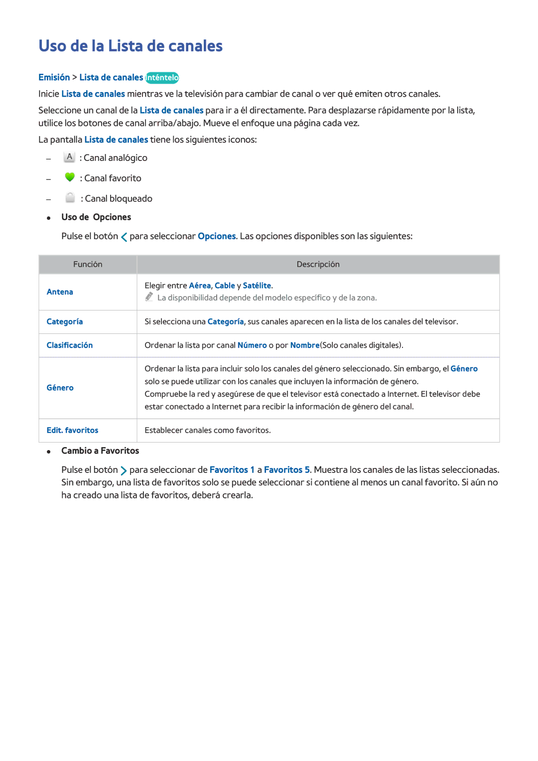 Samsung UE65HU8500LXXC Uso de la Lista de canales, Emisión Lista de canales Inténtelo, Uso de Opciones, Cambio a Favoritos 