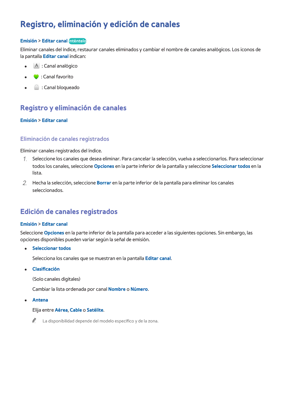 Samsung UE65HU8500ZXZT, UE65HU8500LXXH manual Registro, eliminación y edición de canales, Registro y eliminación de canales 