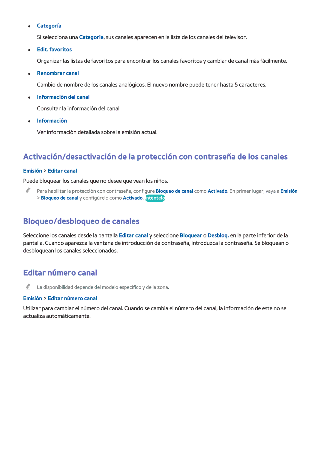 Samsung UA65HU9000LXMV, UE65HU8500LXXH, UE55HU8500LXXC, UE78HU8500LXXH Bloqueo/desbloqueo de canales, Editar número canal 
