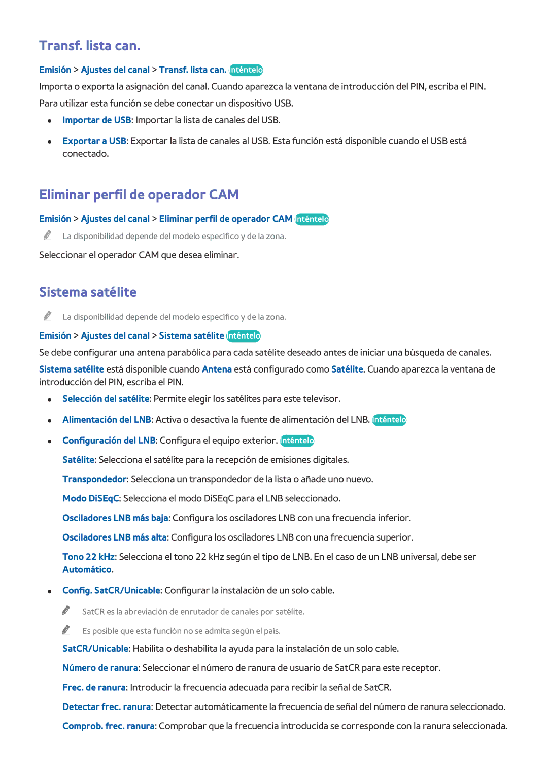 Samsung UE78HU8500LXXH, UE65HU8500LXXH, UE55HU8500LXXC Transf. lista can, Eliminar perfil de operador CAM, Sistema satélite 