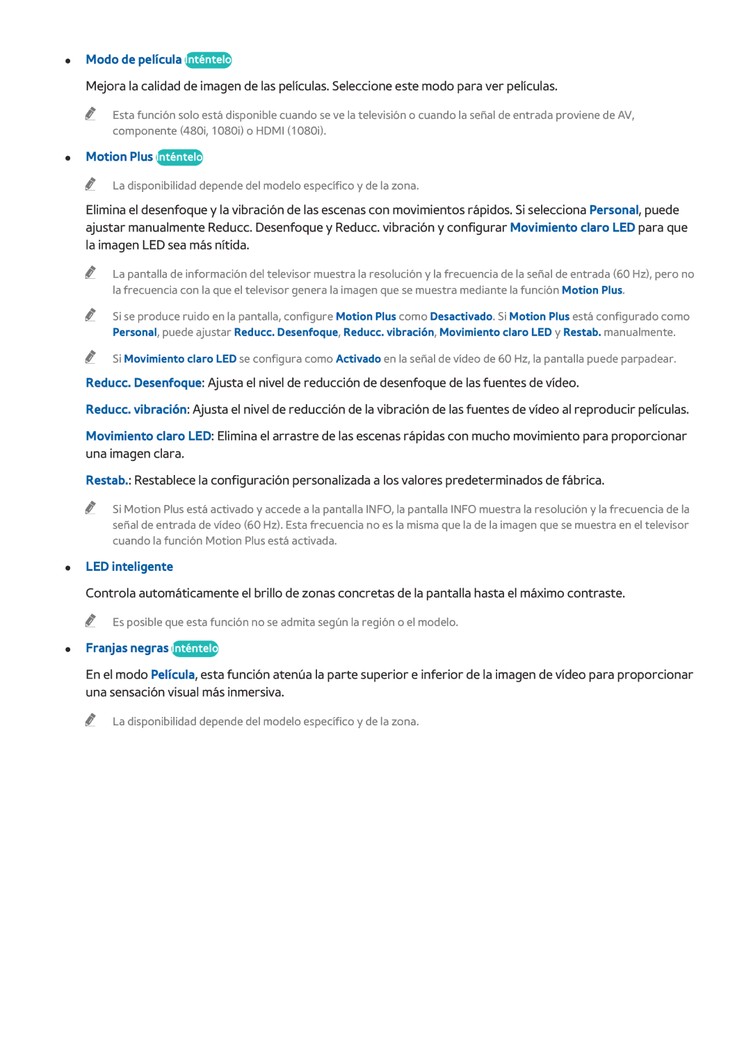 Samsung UE55HU8500LXXC manual Modo de película Inténtelo, Motion Plus Inténtelo, LED inteligente, Franjas negras Inténtelo 