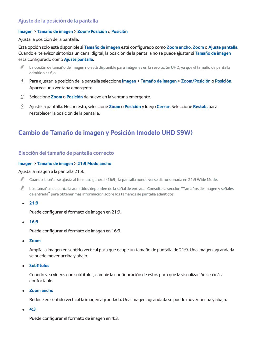 Samsung UE55HU8500TXXH manual Cambio de Tamaño de imagen y Posición modelo UHD S9W, Ajuste de la posición de la pantalla 