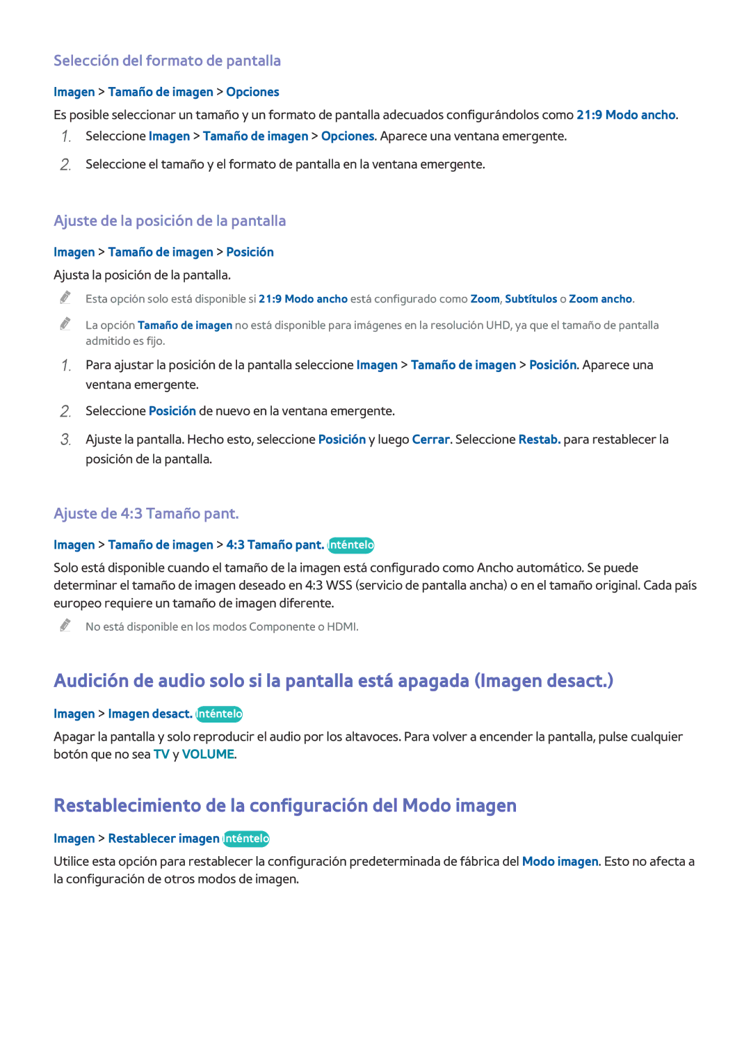 Samsung UE78HU8500LXXC manual Restablecimiento de la configuración del Modo imagen, Selección del formato de pantalla 