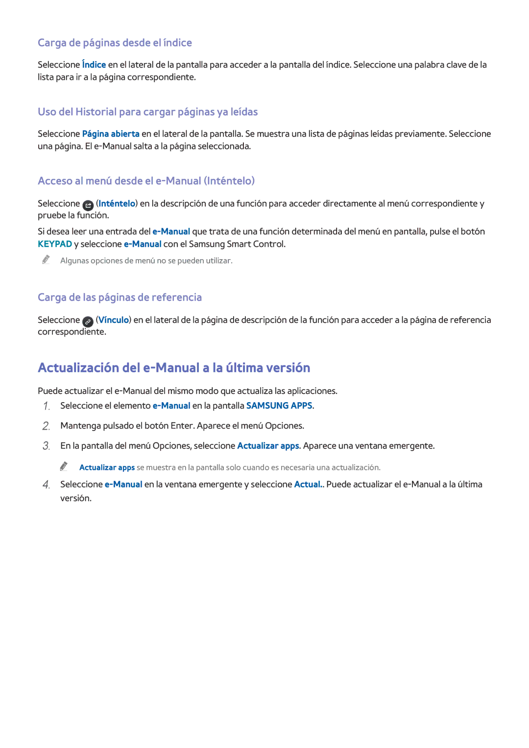 Samsung UA65HU9000LXMV, UE65HU8500LXXH Actualización del e-Manual a la última versión, Carga de páginas desde el índice 