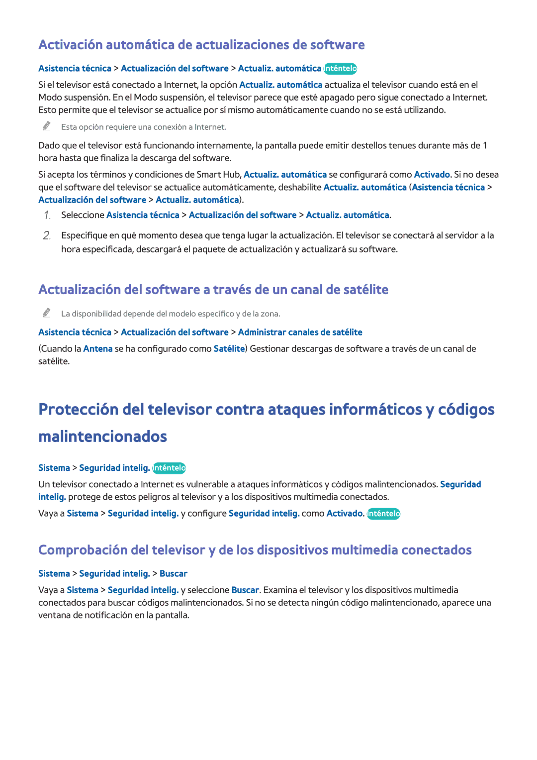 Samsung UE78HU8500LXXC manual Activación automática de actualizaciones de software, Sistema Seguridad intelig. Inténtelo 