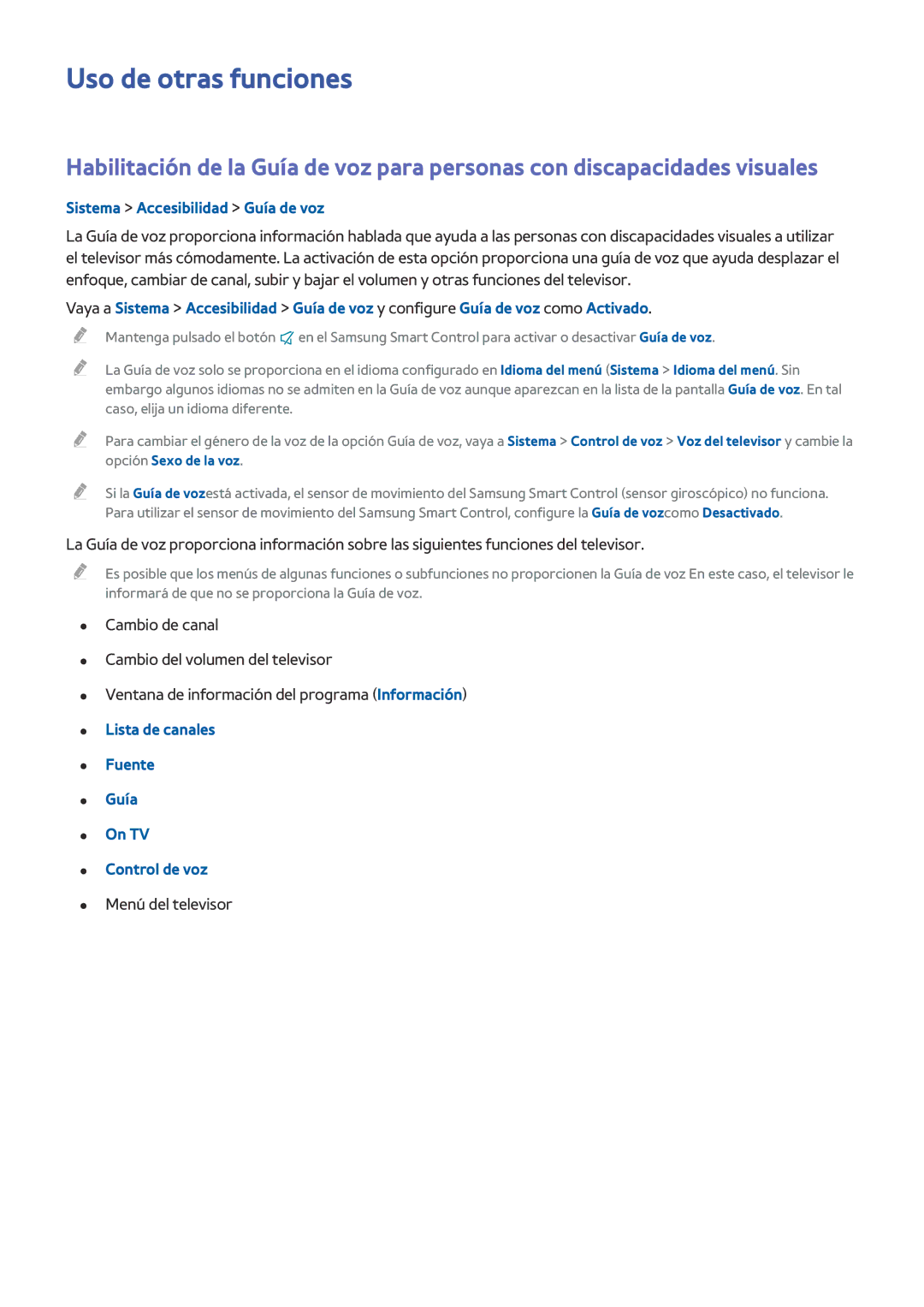 Samsung UE55HU8500LXXC, UE65HU8500LXXH manual Uso de otras funciones, Sistema Accesibilidad Guía de voz, Menú del televisor 