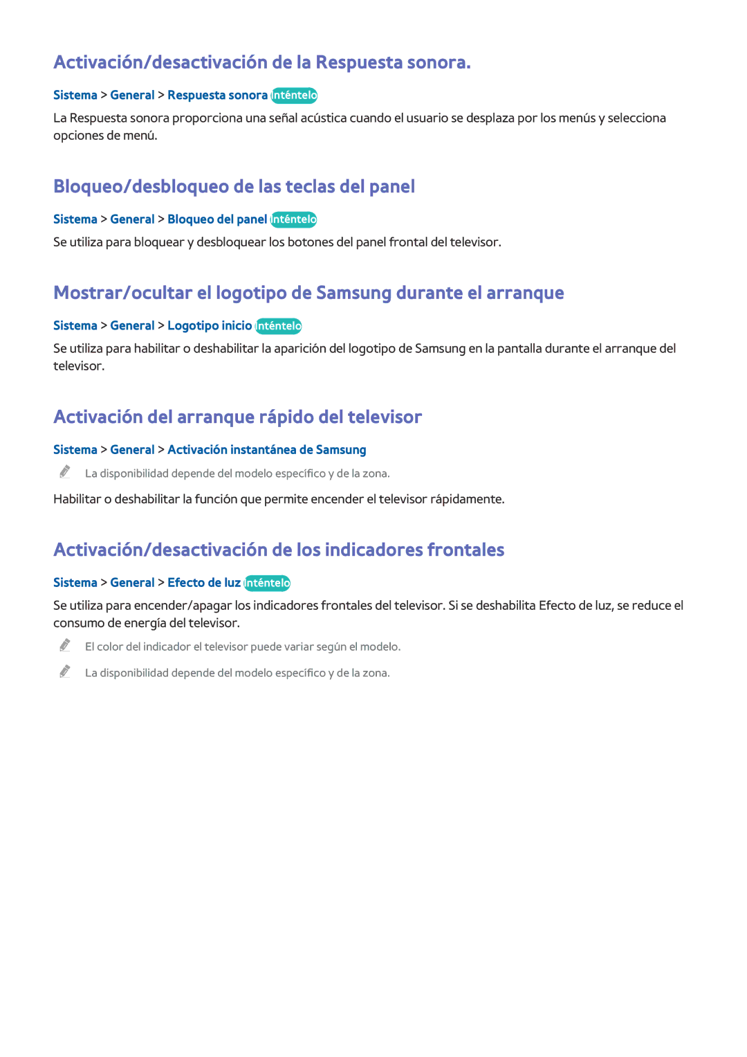 Samsung UE65HU8500ZXZT manual Activación/desactivación de la Respuesta sonora, Bloqueo/desbloqueo de las teclas del panel 