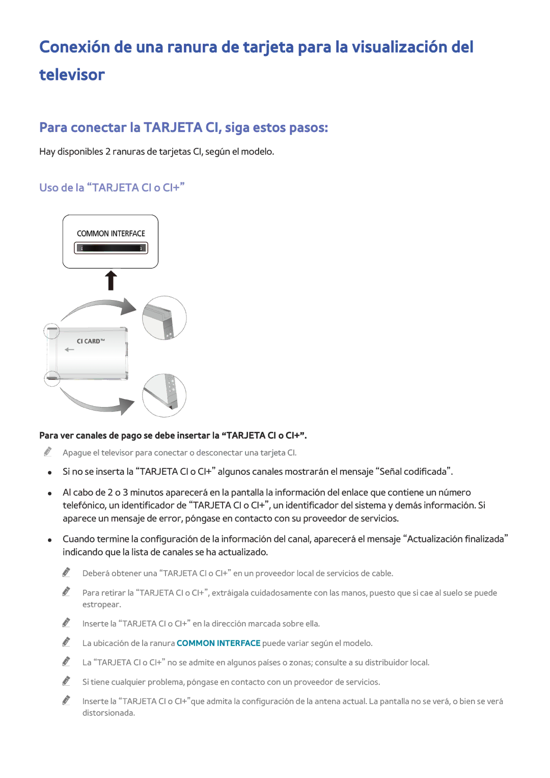 Samsung UE78HU8500LXXH, UE65HU8500LXXH manual Para conectar la Tarjeta CI, siga estos pasos, Uso de la Tarjeta CI o CI+ 