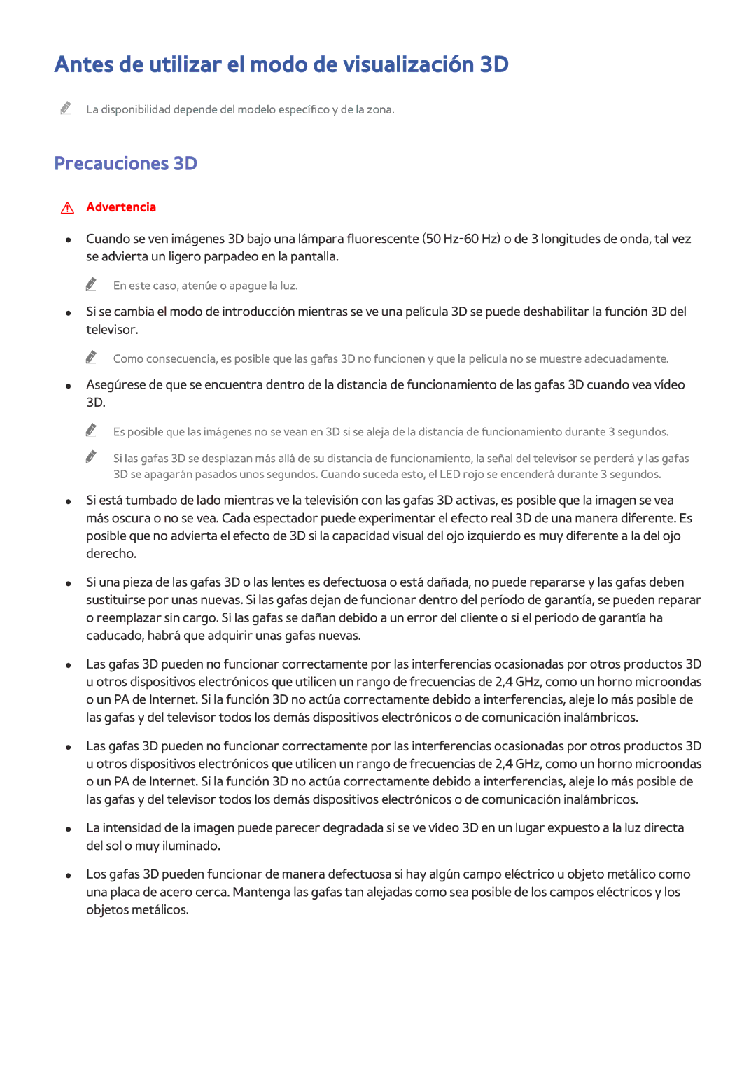 Samsung UE65HU8500ZXZT, UE65HU8500LXXH, UE55HU8500LXXC manual Antes de utilizar el modo de visualización 3D, Precauciones 3D 