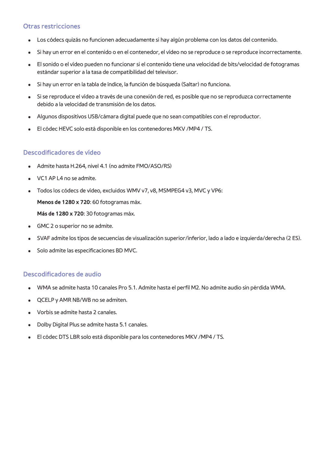 Samsung UE65HU8500LXXC, UE65HU8500LXXH manual Otras restricciones, Descodificadores de vídeo, Descodificadores de audio 