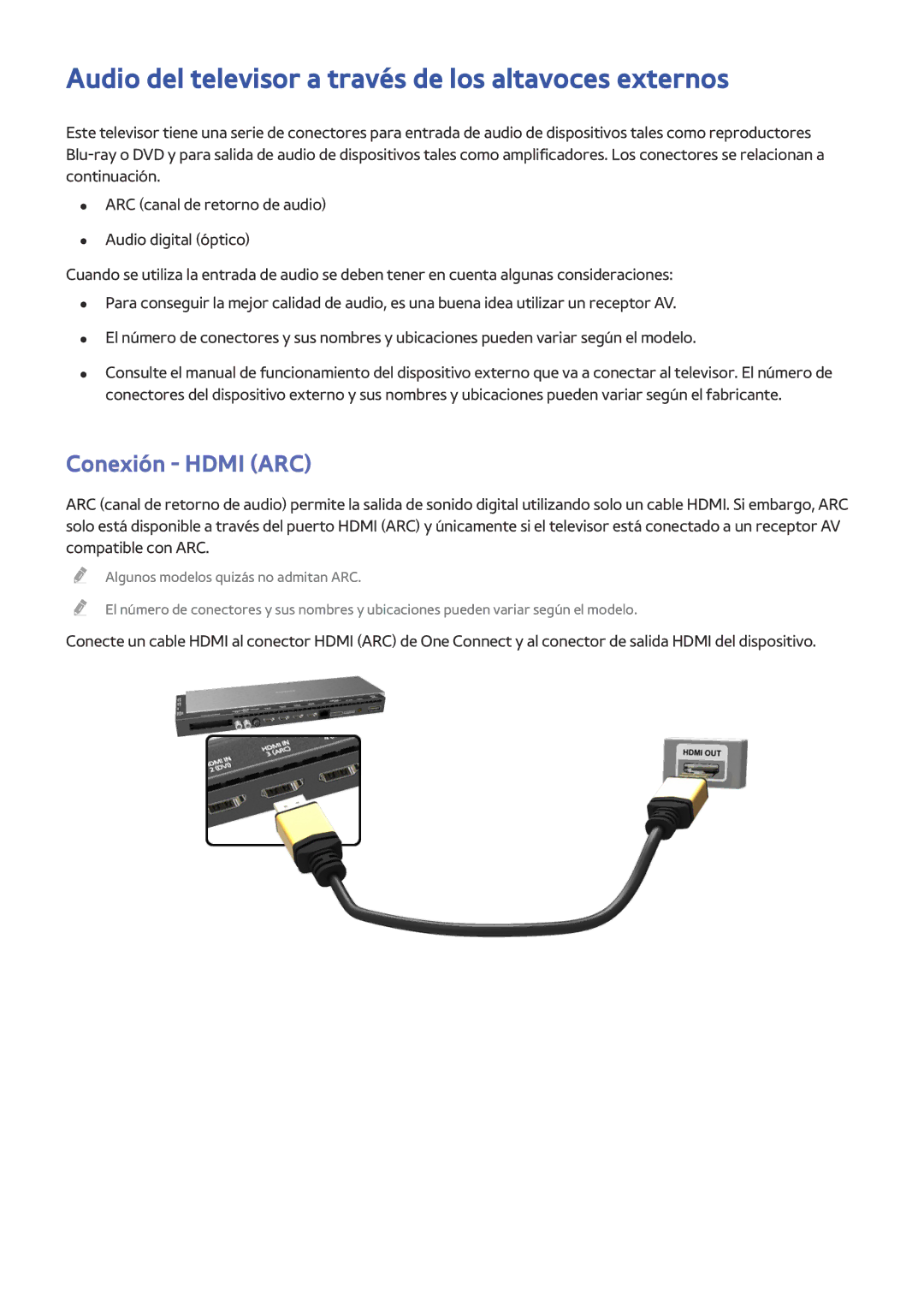 Samsung UA65HU9000LXMV, UE65HU8500LXXH manual Audio del televisor a través de los altavoces externos, Conexión Hdmi ARC 