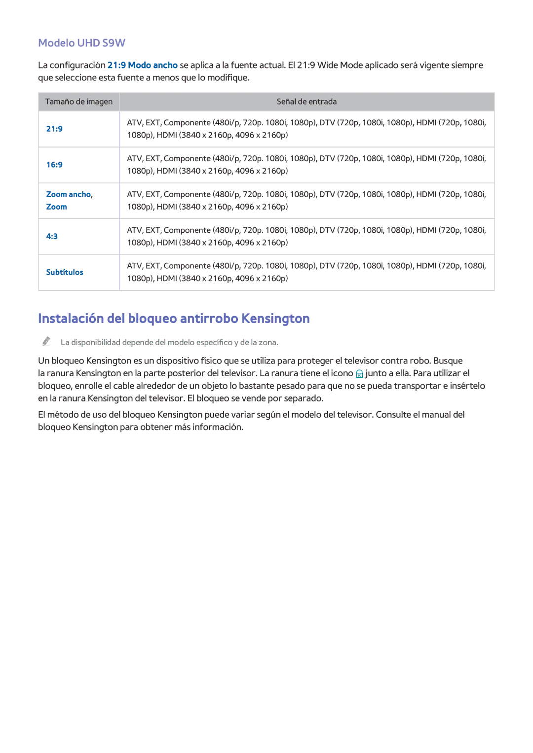 Samsung UE55HU8500TXXH, UE65HU8500LXXH, UE55HU8500LXXC manual Instalación del bloqueo antirrobo Kensington, Modelo UHD S9W 