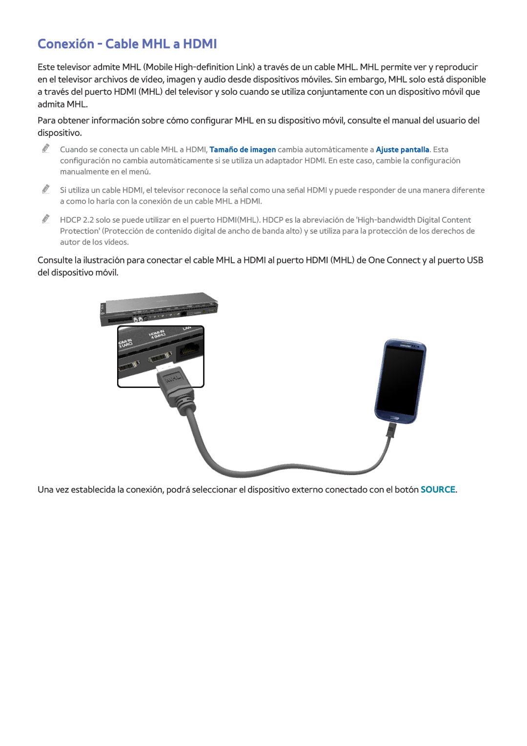 Samsung UE65HU8500ZXZT, UE65HU8500LXXH, UE55HU8500LXXC, UE78HU8500LXXH, UE55HU8500LXXH manual Conexión Cable MHL a Hdmi 