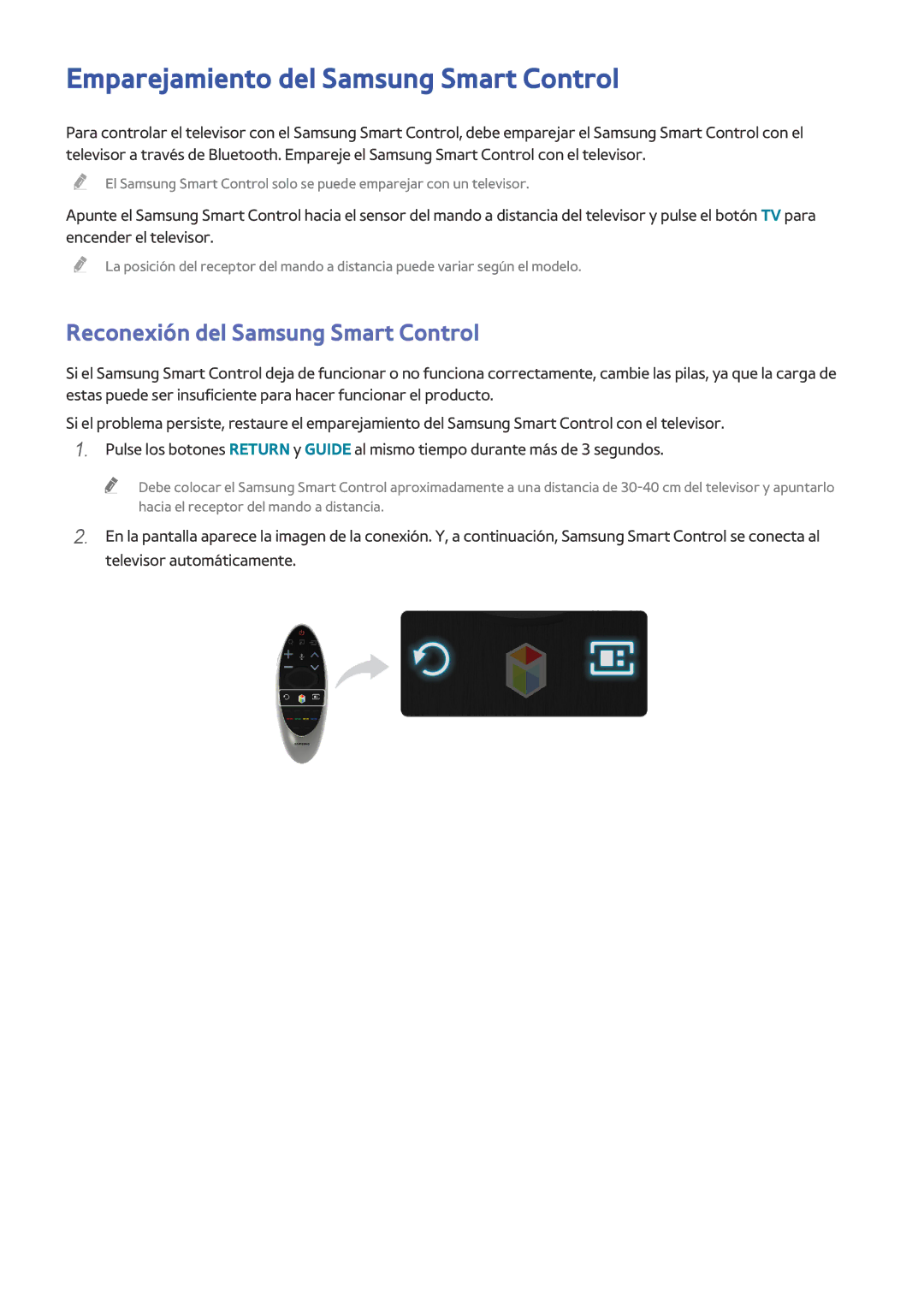 Samsung UE78HU8500LXXH, UE65HU8500LXXH manual Emparejamiento del Samsung Smart Control, Reconexión del Samsung Smart Control 