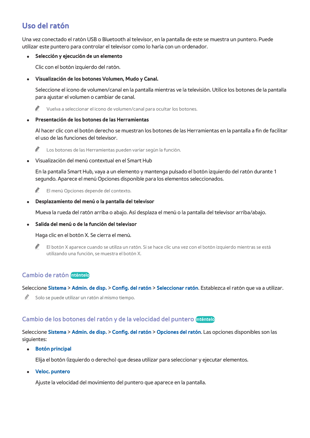 Samsung UE65HU8500LXXH, UE55HU8500LXXC, UE78HU8500LXXH manual Uso del ratón, Cambio de ratón Inténtelo, Veloc. puntero 