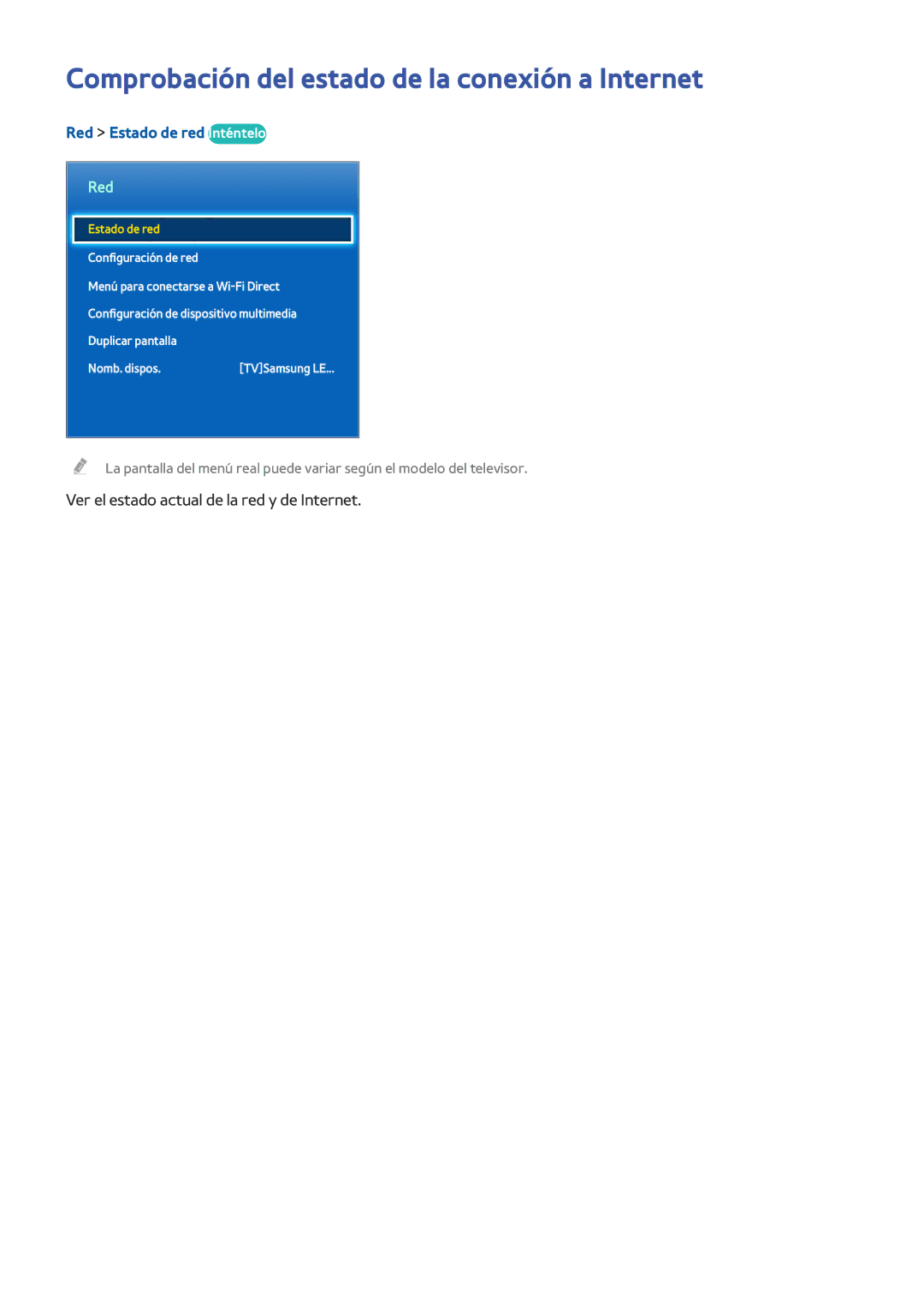 Samsung UE78HU8500LXXH, UE65HU8500LXXH manual Comprobación del estado de la conexión a Internet, Red Estado de red Inténtelo 