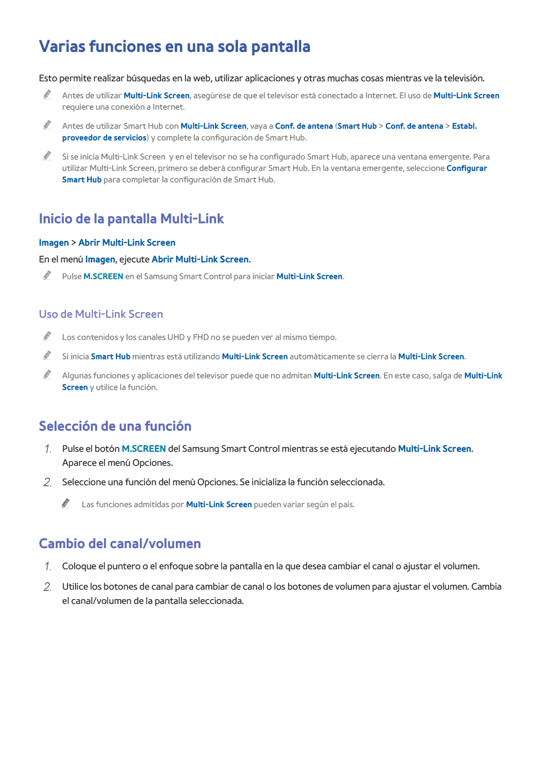 Samsung UE55HU8500LXXH Varias funciones en una sola pantalla, Inicio de la pantalla Multi-Link, Selección de una función 