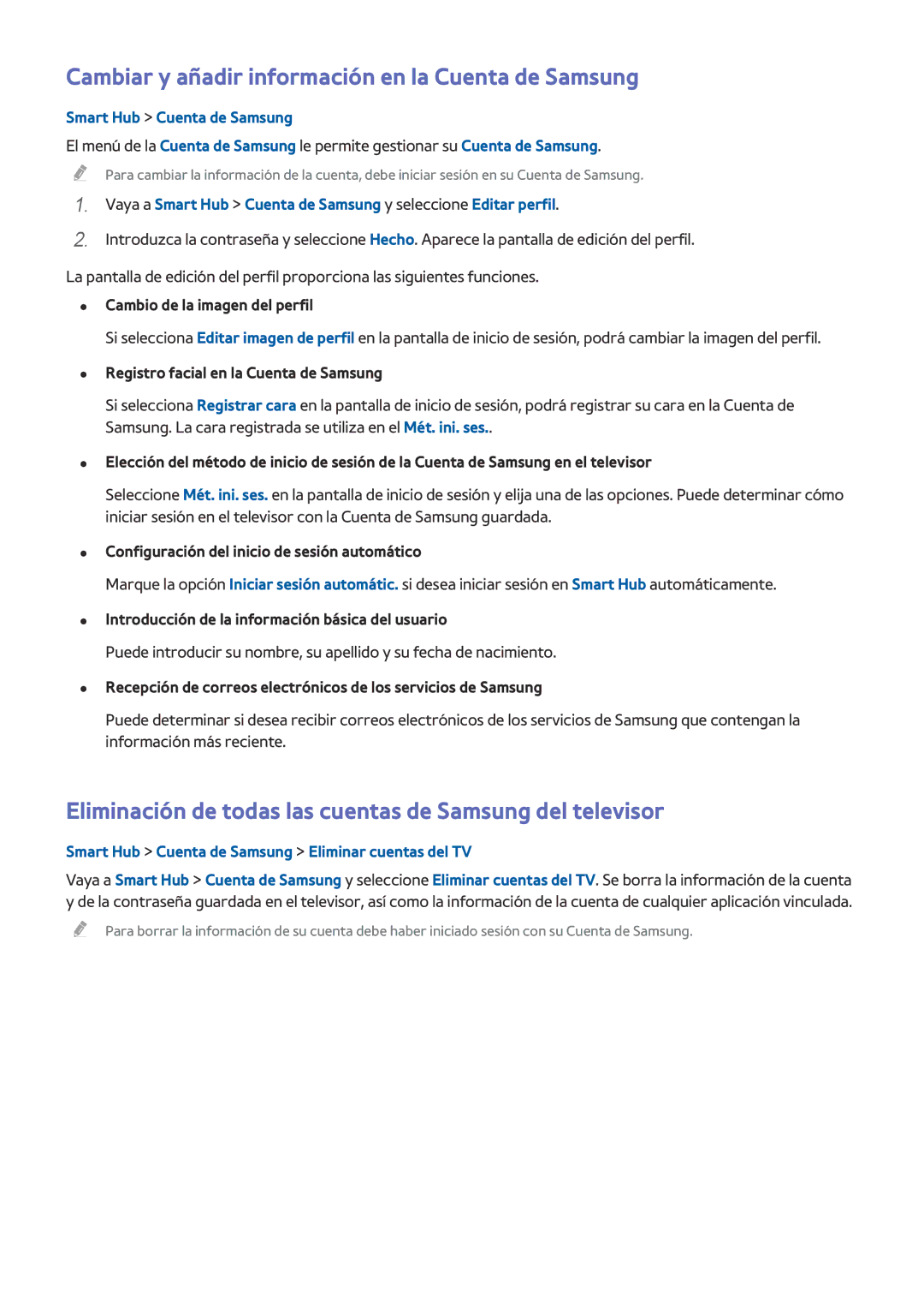 Samsung UE55HU8500LXXH, UE65HU8500LXXH Cambiar y añadir información en la Cuenta de Samsung, Smart Hub Cuenta de Samsung 