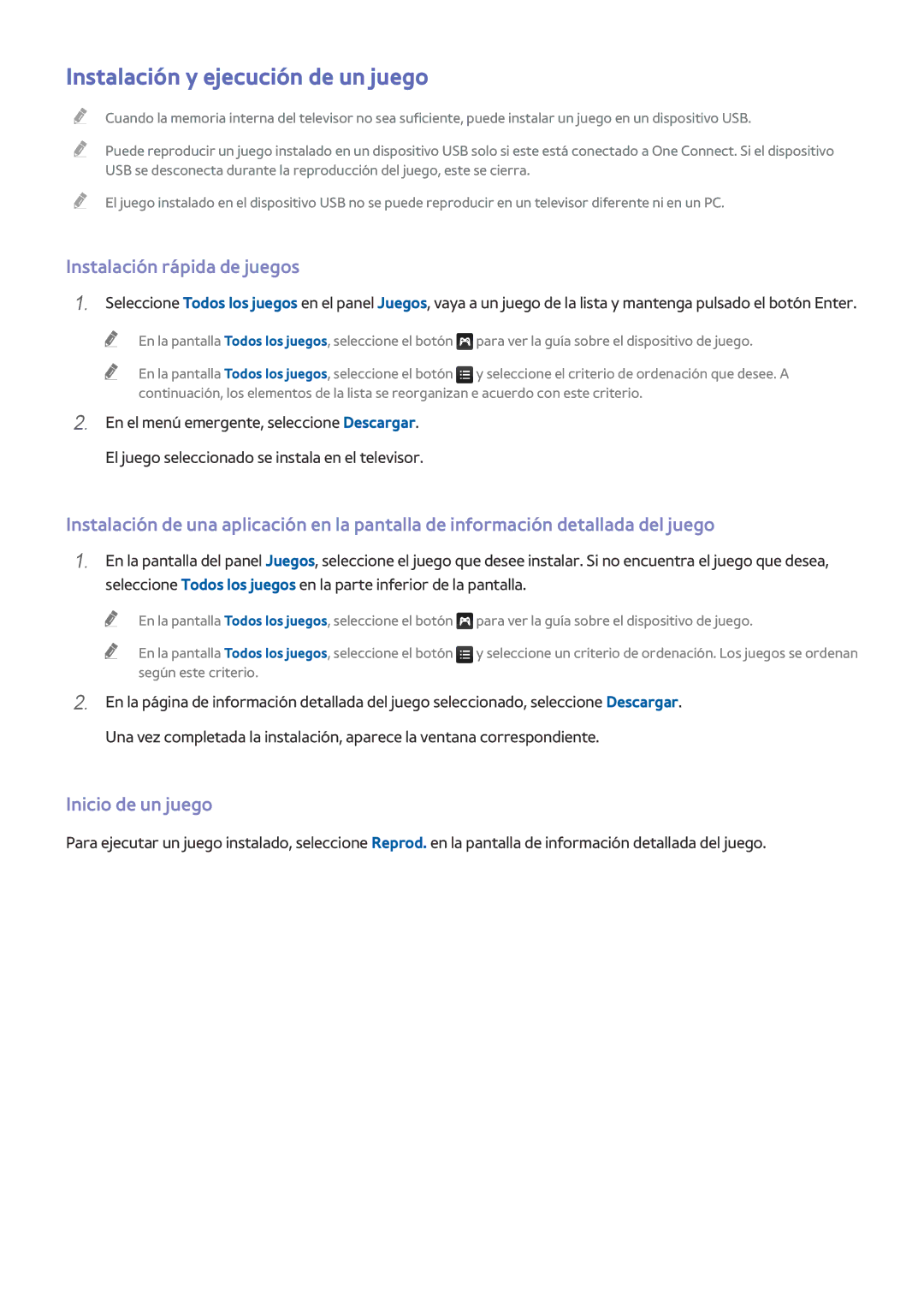 Samsung UE65HU8500ZXZT manual Instalación y ejecución de un juego, Instalación rápida de juegos, Inicio de un juego 