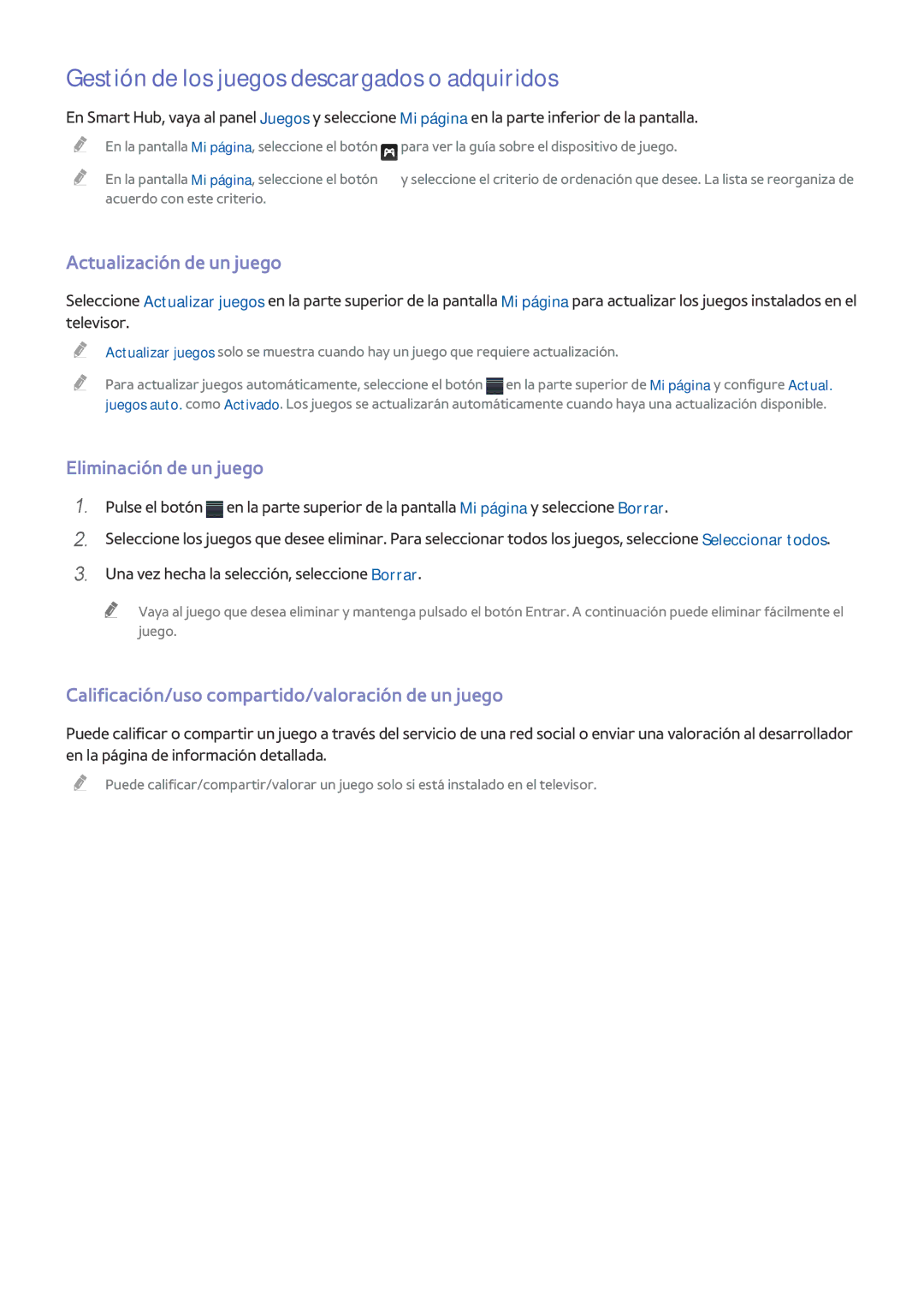 Samsung UA65HU9000LXMV Gestión de los juegos descargados o adquiridos, Actualización de un juego, Eliminación de un juego 