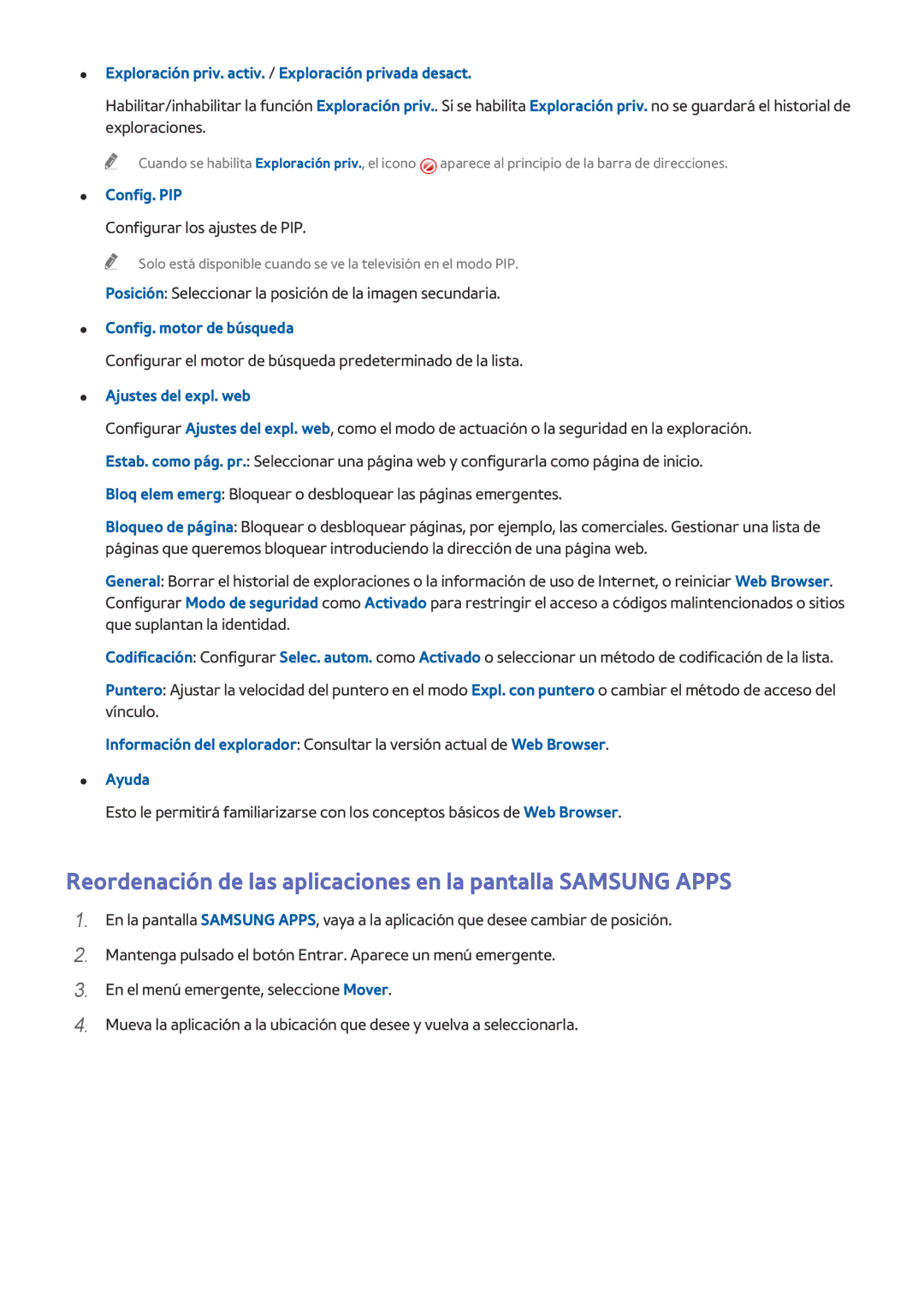 Samsung UE65HU8500LXXC manual Exploración priv. activ. / Exploración privada desact, Config. PIP, Config. motor de búsqueda 