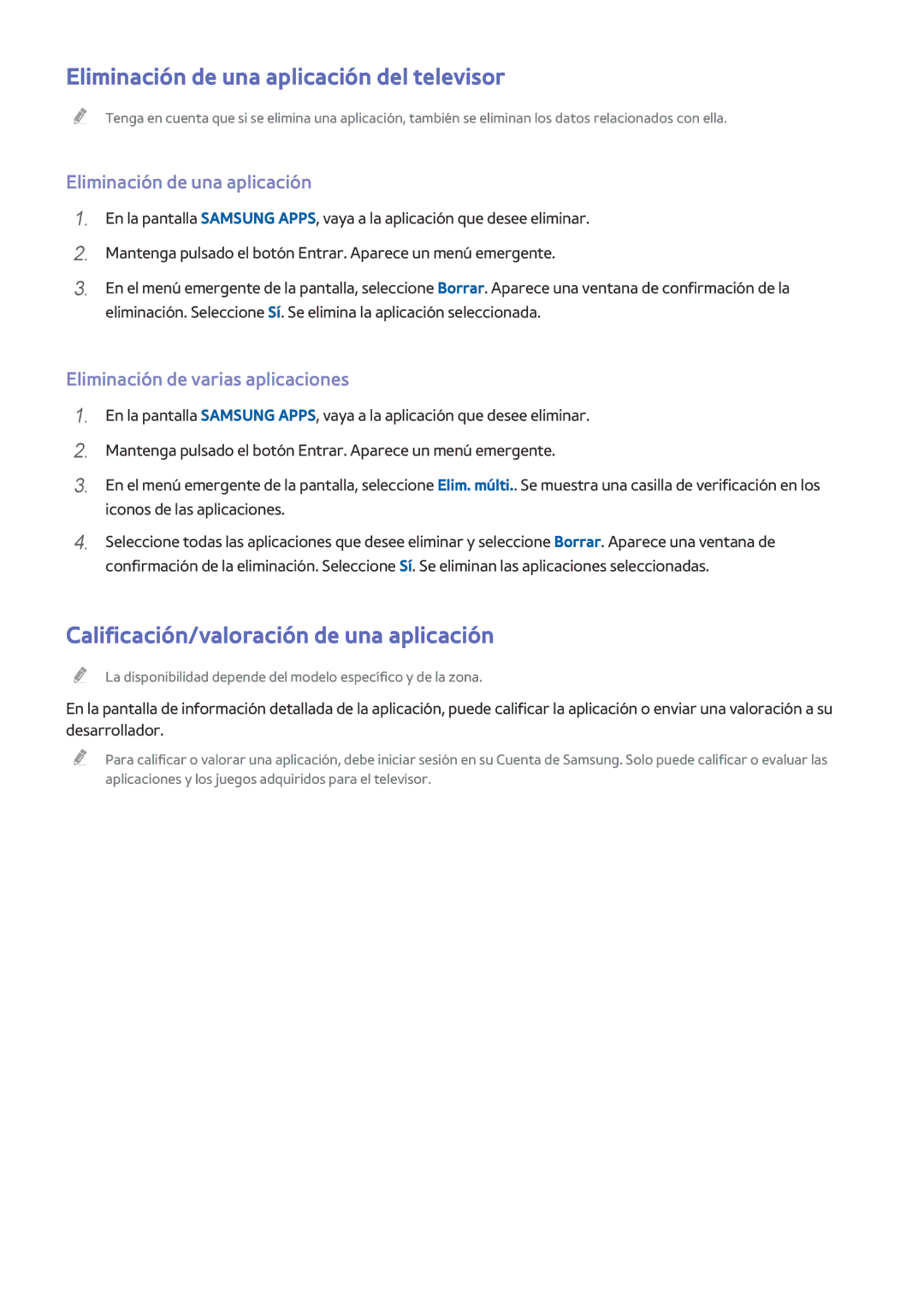 Samsung UE65HU8500ZXZT manual Eliminación de una aplicación del televisor, Calificación/valoración de una aplicación 