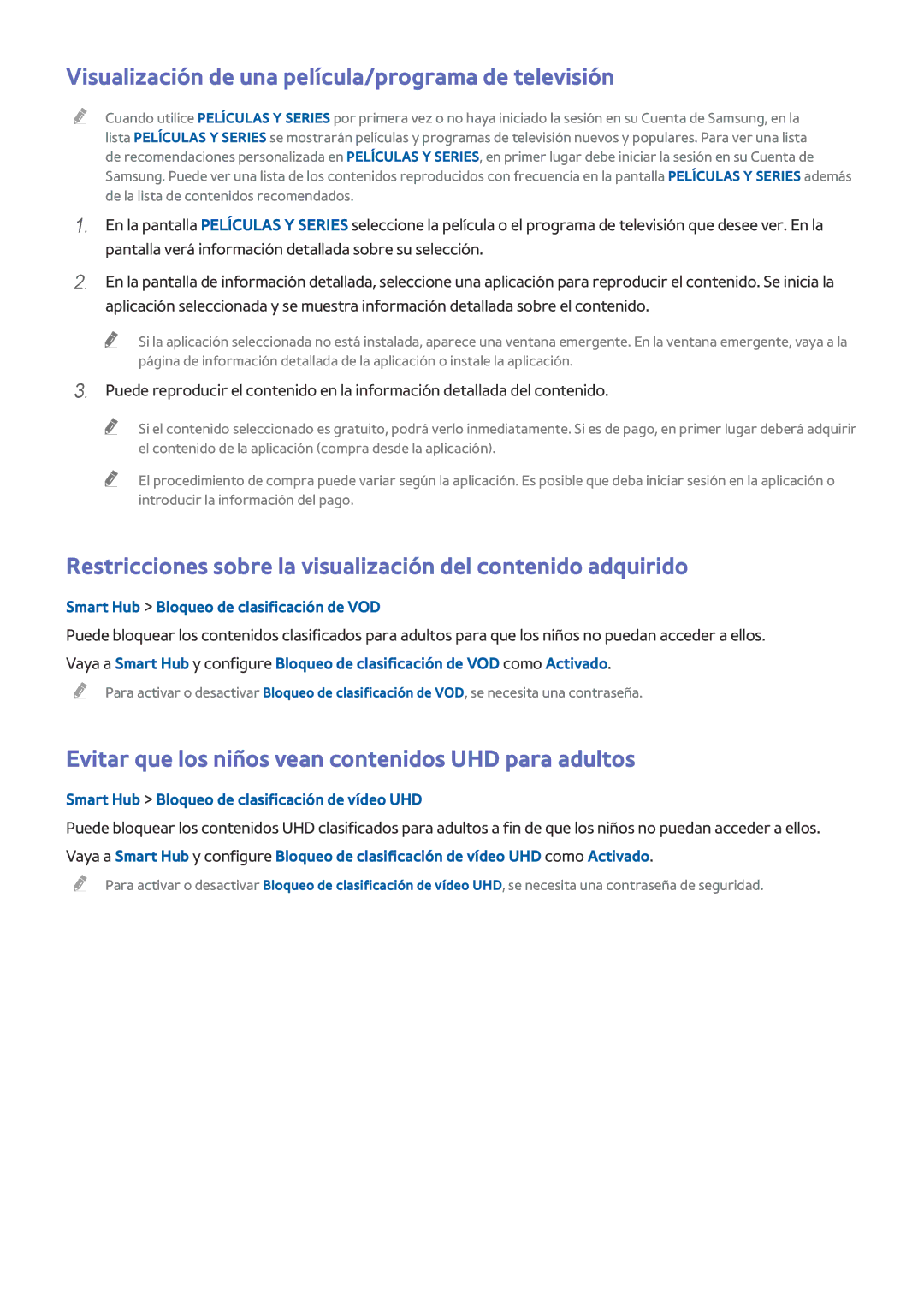 Samsung UE65HU8500ZXZT Visualización de una película/programa de televisión, Smart Hub Bloqueo de clasificación de VOD 