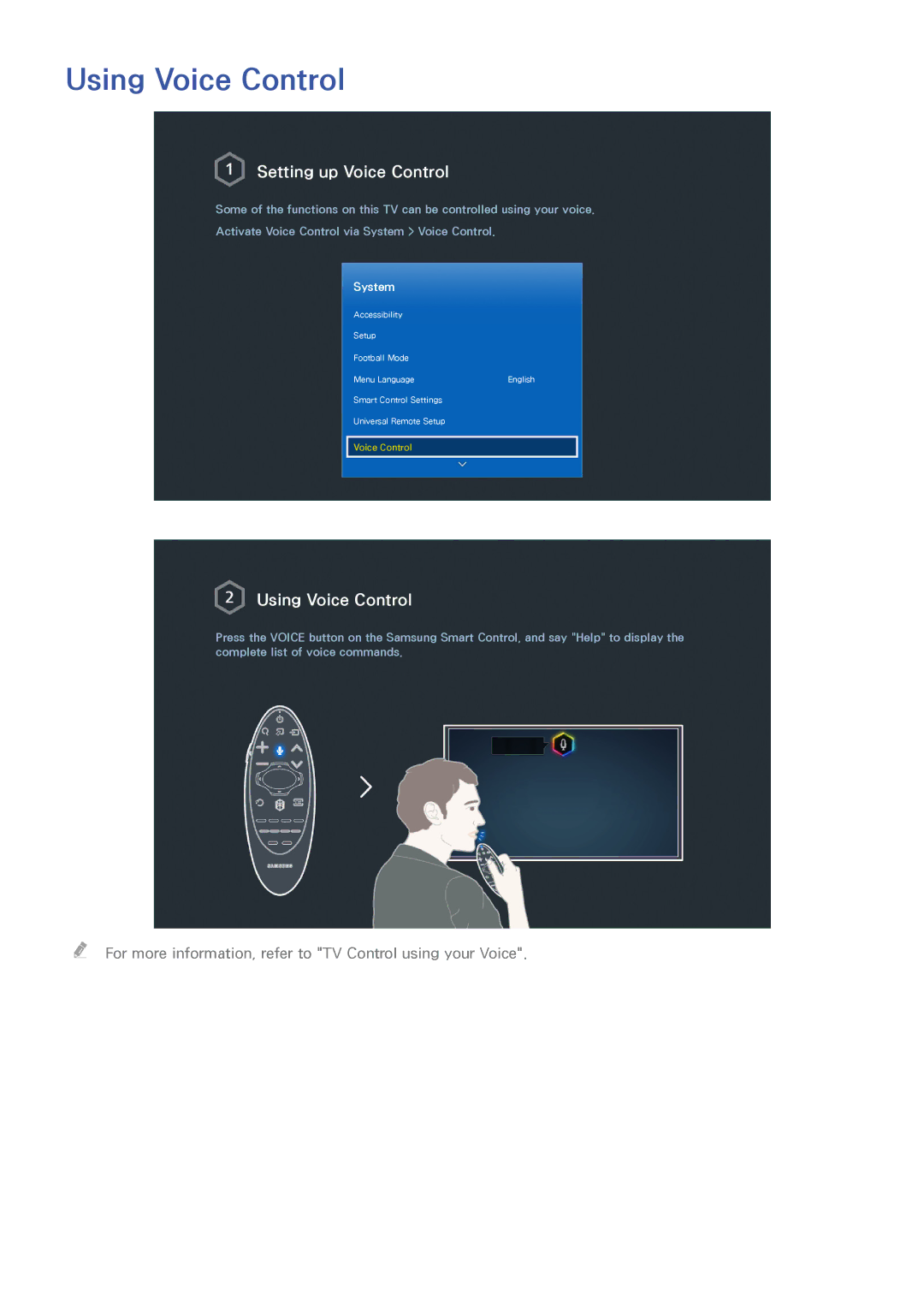Samsung UE55HU8590VXZG, UE65HU8500LXXH, UE65HU8580QXZG, UE105S9WALXZG manual Using Voice Control, Setting up Voice Control 