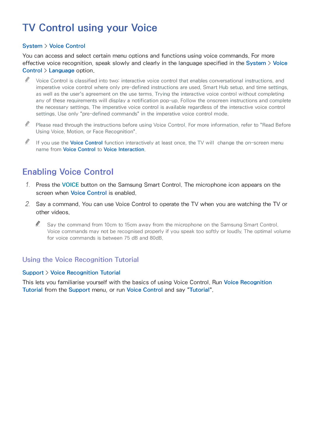 Samsung UE78HU8590VXZG manual TV Control using your Voice, Enabling Voice Control, Using the Voice Recognition Tutorial 