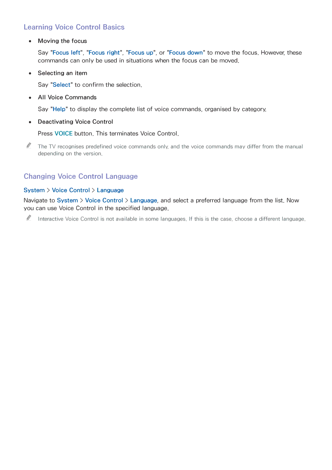 Samsung UE55HU8500LXTK manual Learning Voice Control Basics, Changing Voice Control Language, System Voice Control Language 
