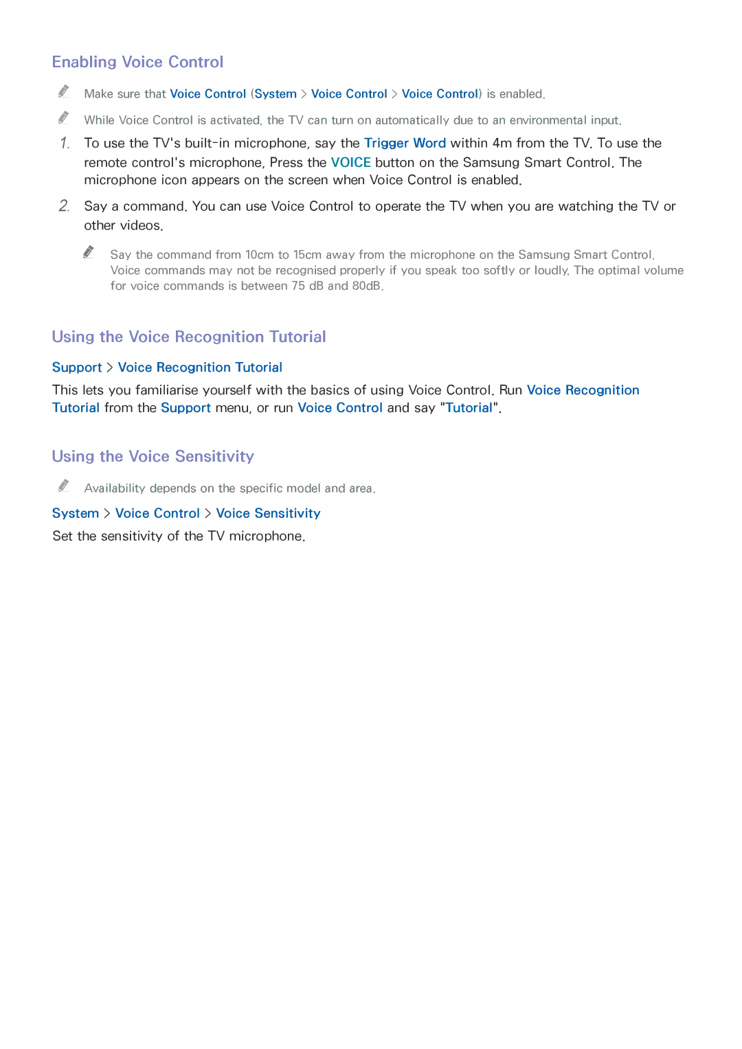 Samsung UE65HU8500LXXC manual Enabling Voice Control, Using the Voice Sensitivity, System Voice Control Voice Sensitivity 