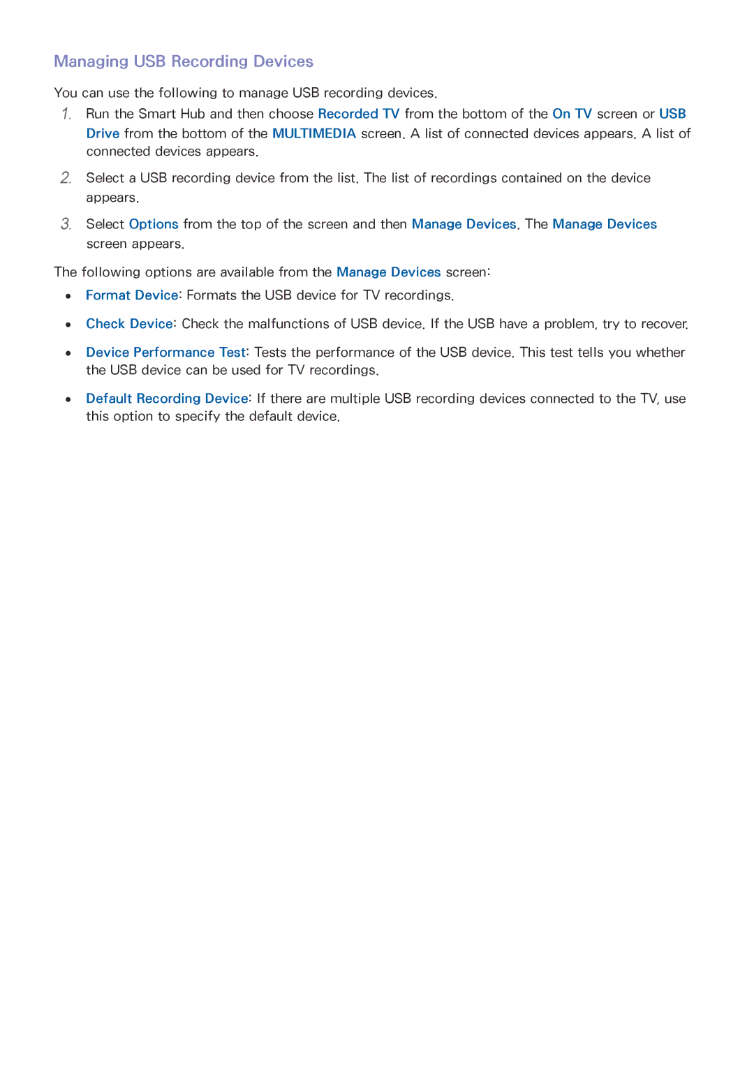 Samsung UE78HU8500TXXH, UE65HU8500LXXH, UE65HU8580QXZG, UE105S9WALXZG, UE55HU8500LXXC manual Managing USB Recording Devices 