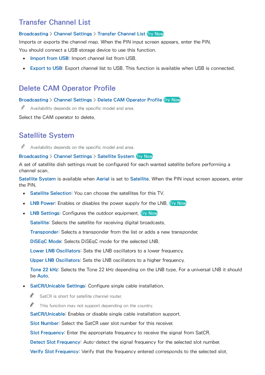 Samsung UE78HU8500LXXH, UE65HU8500LXXH, UE65HU8580QXZG Transfer Channel List, Delete CAM Operator Profile, Satellite System 