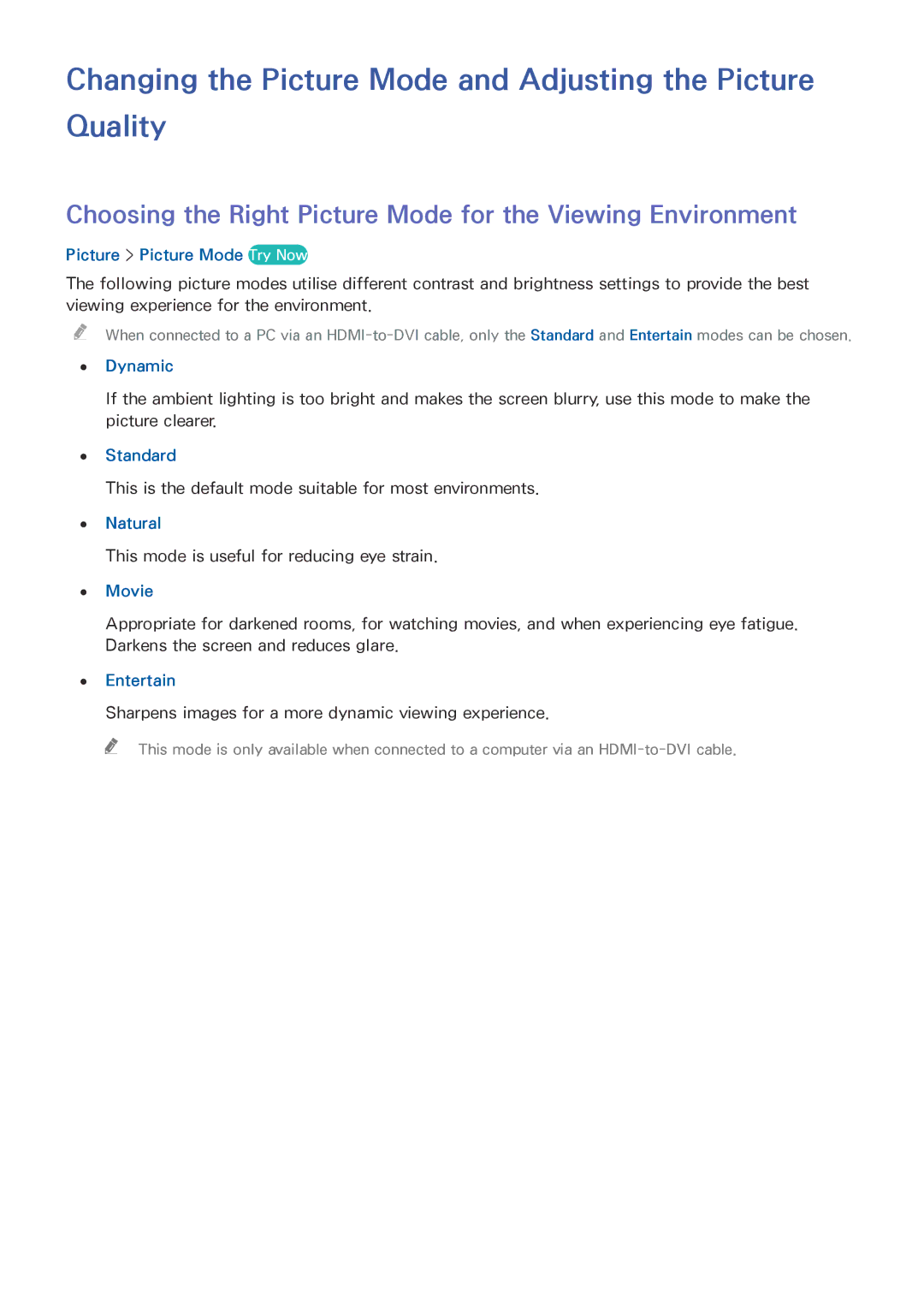 Samsung UE55HU8500LXTK, UE65HU8500LXXH, UE65HU8580QXZG manual Changing the Picture Mode and Adjusting the Picture Quality 