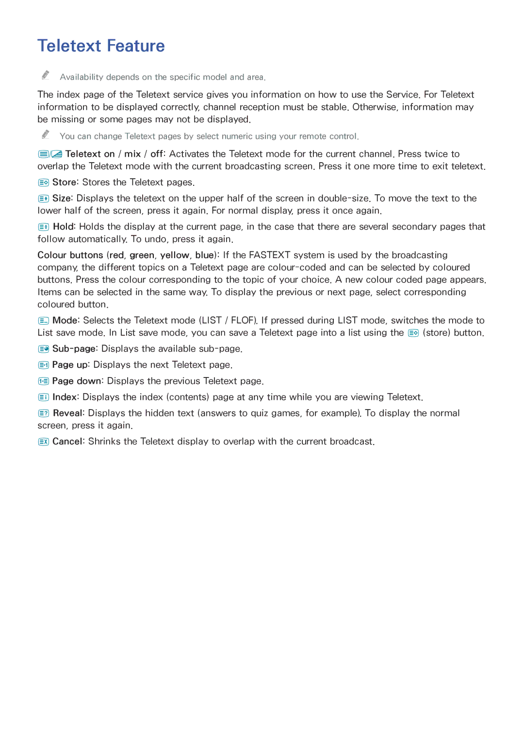 Samsung UE105S9WALXZG, UE65HU8500LXXH, UE65HU8580QXZG, UE55HU8500LXXC, UE55HU8505QXXE, UE78HU8500LXXH manual Teletext Feature 