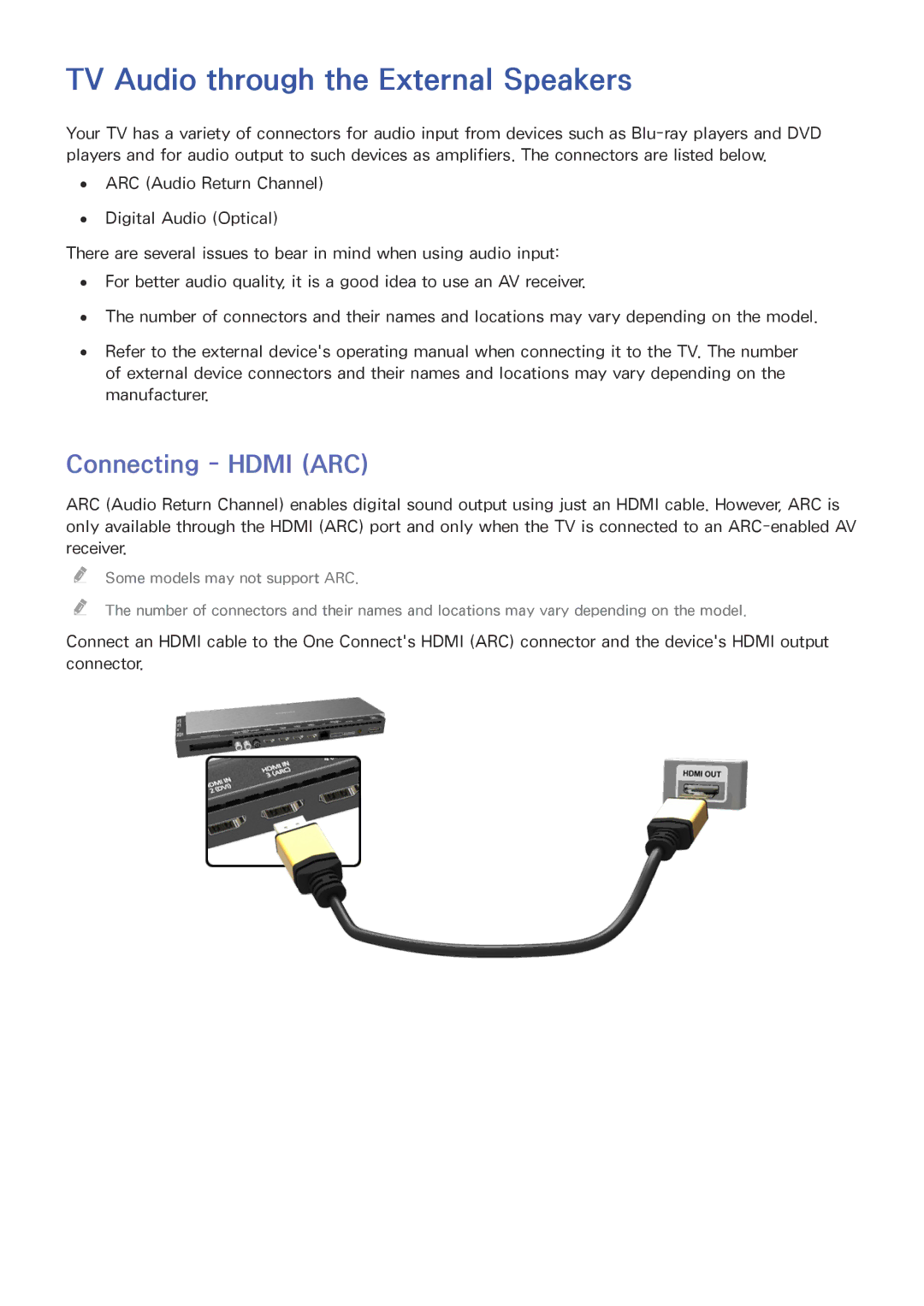 Samsung UE55HU8580QXZG, UE65HU8500LXXH, UE65HU8580QXZG manual TV Audio through the External Speakers, Connecting Hdmi ARC 