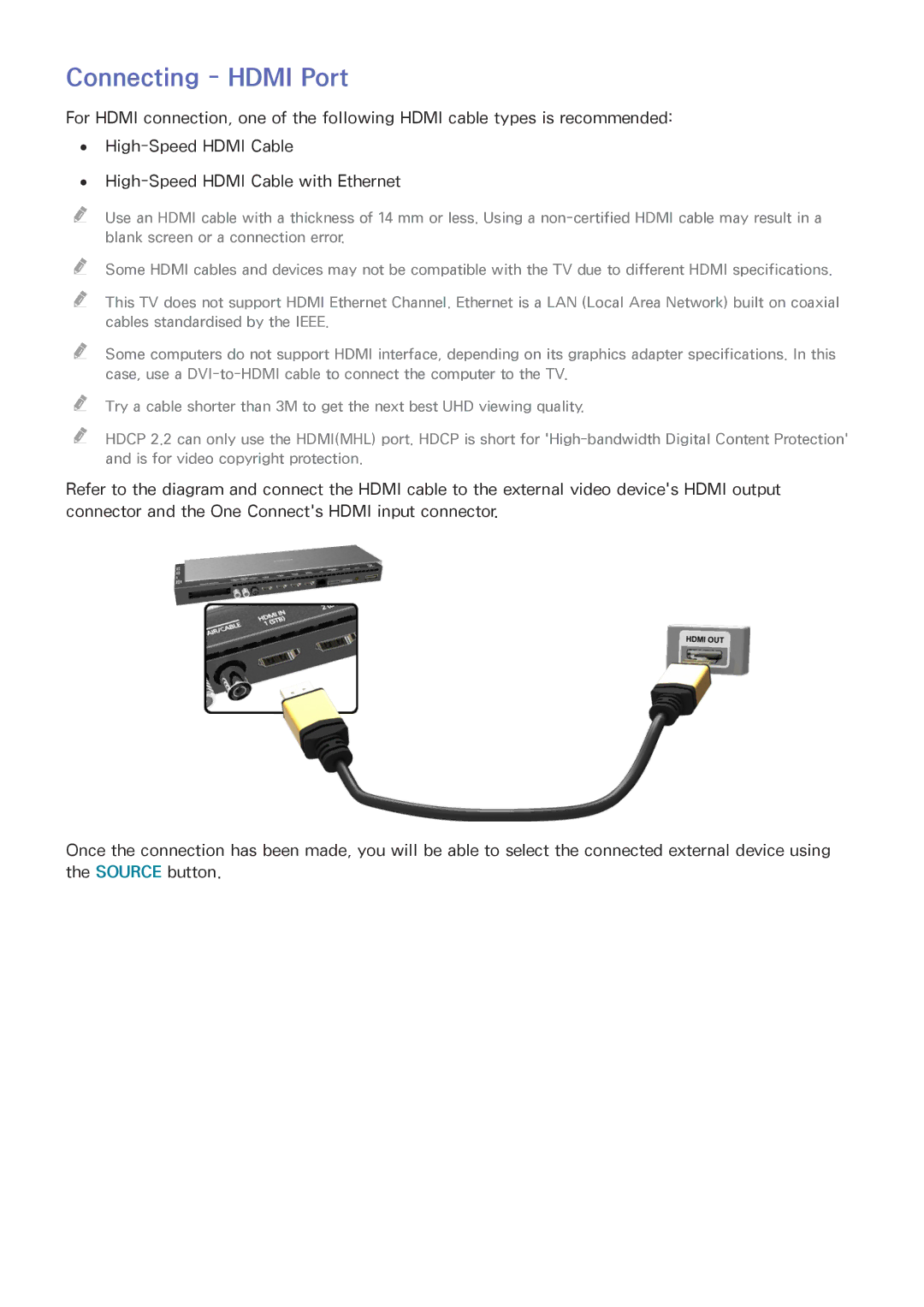 Samsung UE78HU8500TXXH, UE65HU8500LXXH, UE65HU8580QXZG, UE105S9WALXZG, UE55HU8500LXXC, UE55HU8505QXXE Connecting Hdmi Port 