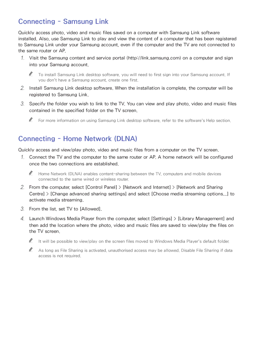 Samsung UE78HU8500LXXN, UE65HU8500LXXH, UE65HU8580QXZG, UE105S9WALXZG Connecting Samsung Link, Connecting Home Network Dlna 