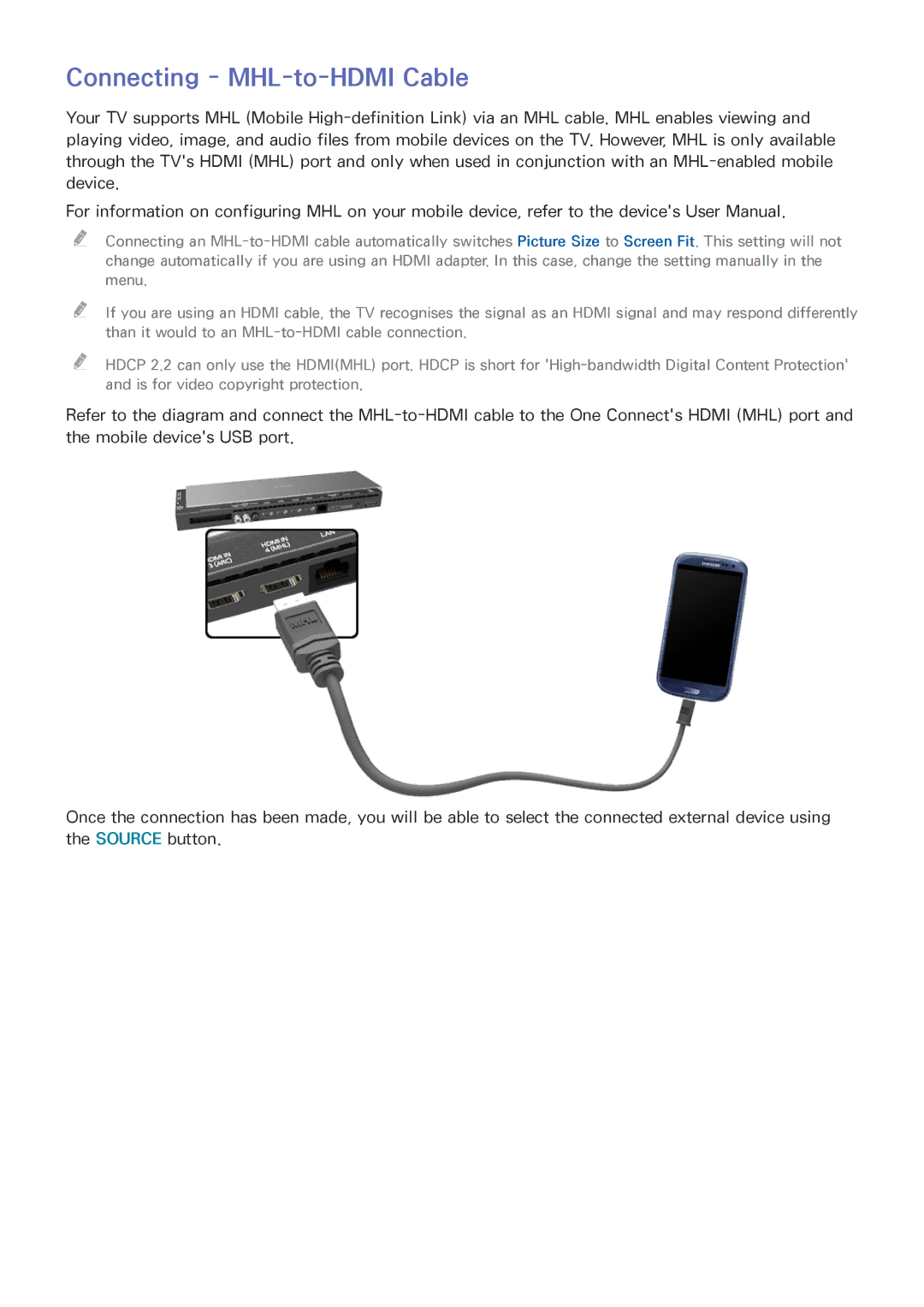 Samsung UE78HU8505QXXE, UE65HU8500LXXH, UE65HU8580QXZG, UE105S9WALXZG, UE55HU8500LXXC manual Connecting MHL-to-HDMI Cable 