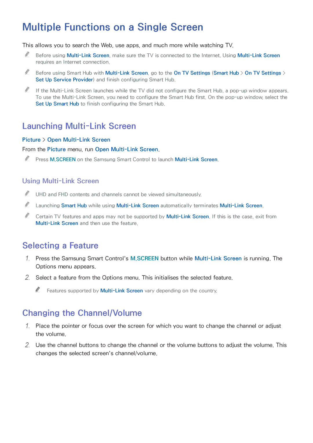 Samsung UE78HU8500LXZF manual Multiple Functions on a Single Screen, Launching Multi-Link Screen, Selecting a Feature 