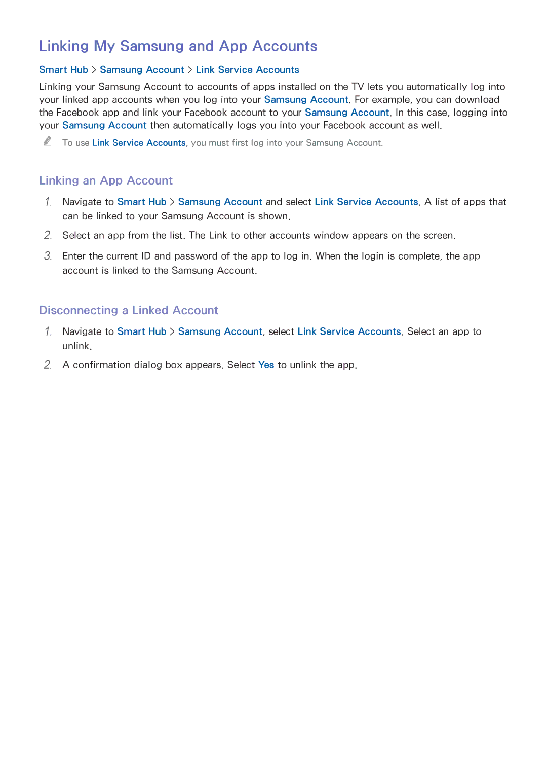 Samsung UE55HU8580QXZG manual Linking My Samsung and App Accounts, Linking an App Account, Disconnecting a Linked Account 