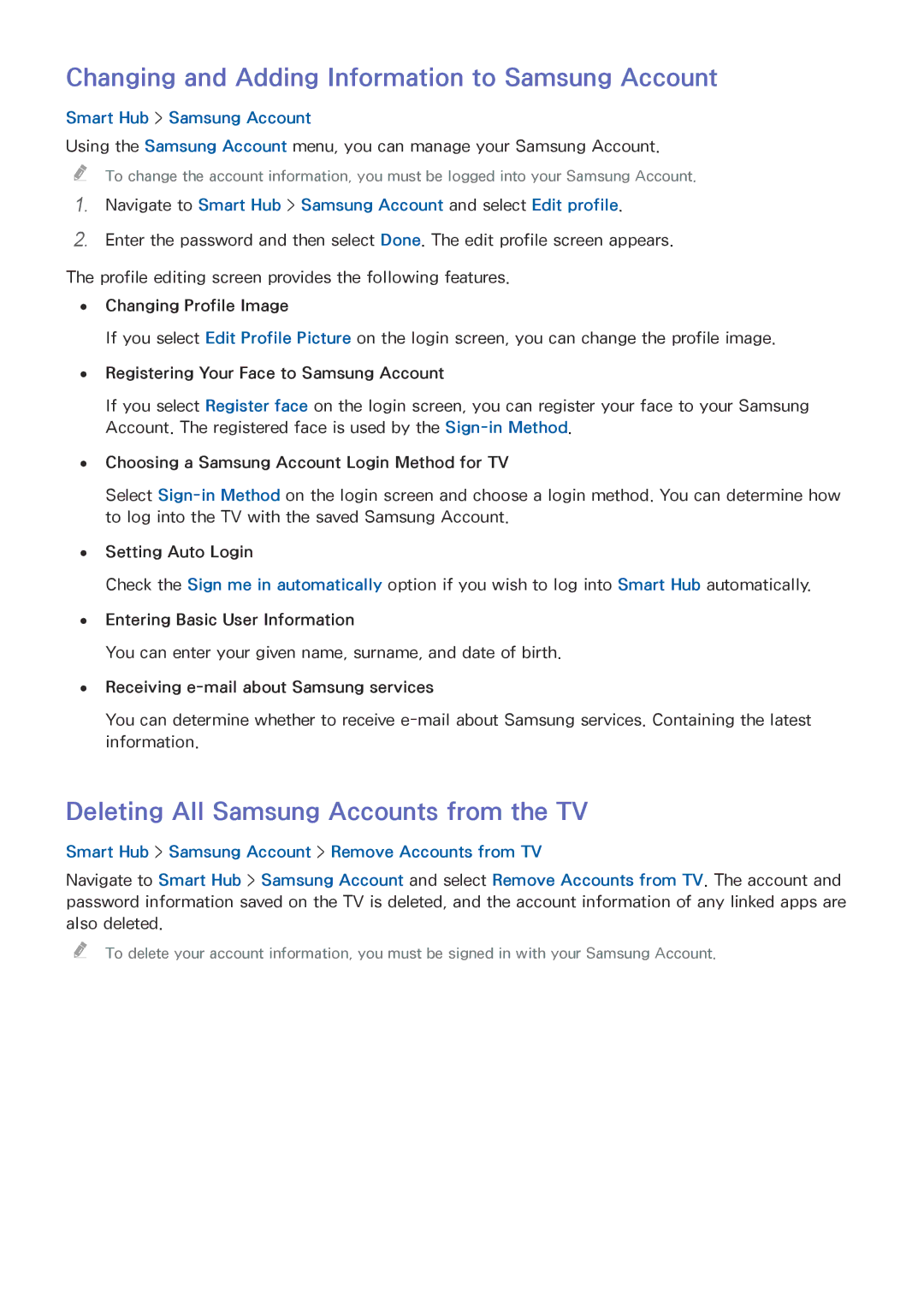 Samsung UA65HU9000LXMV manual Changing and Adding Information to Samsung Account, Deleting All Samsung Accounts from the TV 