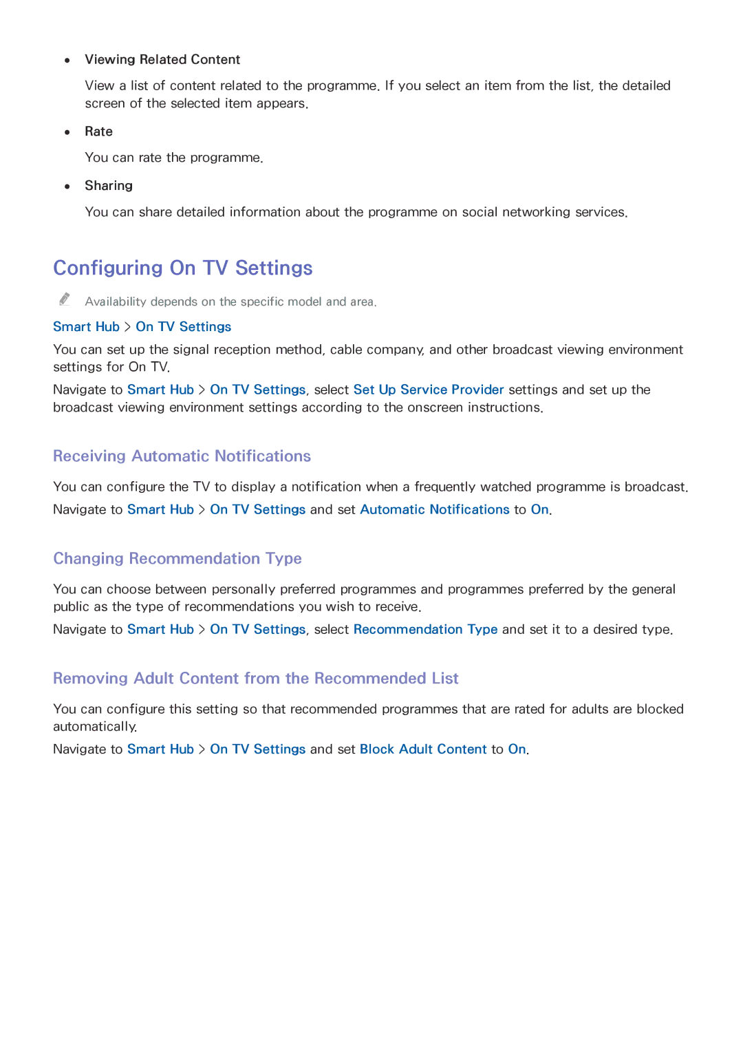 Samsung UE65HU8500TXRU manual Configuring On TV Settings, Receiving Automatic Notifications, Changing Recommendation Type 