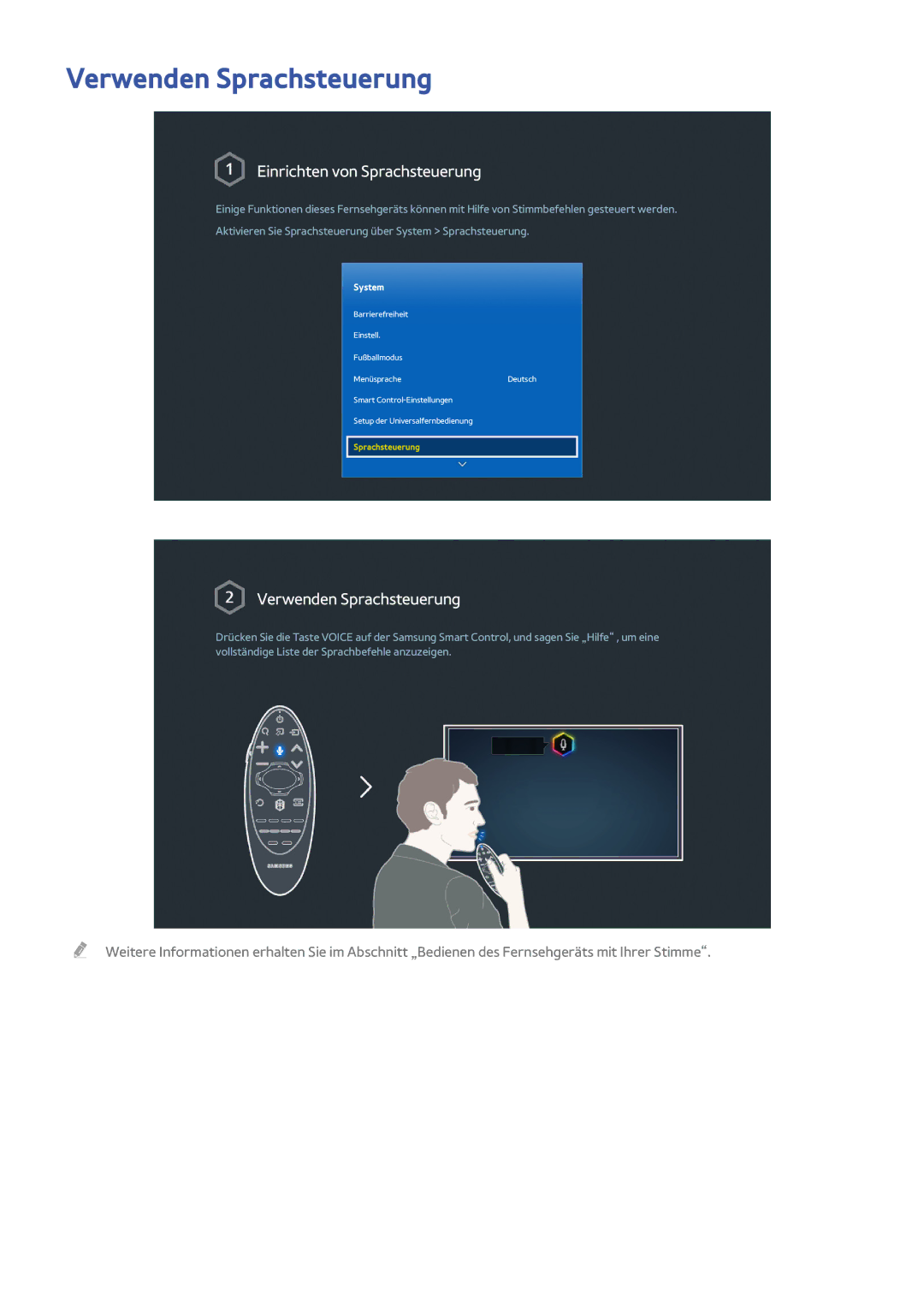 Samsung UE55HU8590VXZG, UE65HU8500LXXH, UE65HU8580QXZG manual Verwenden Sprachsteuerung, Einrichten von Sprachsteuerung 