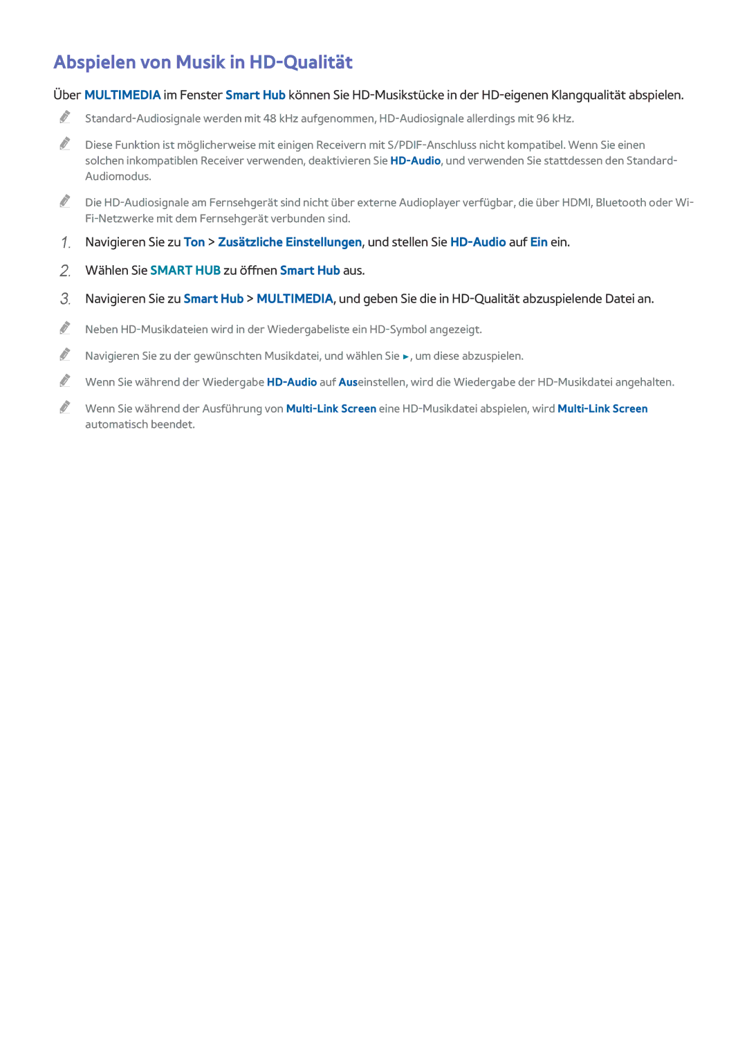 Samsung UE55HU8505QXXE, UE65HU8500LXXH, UE65HU8580QXZG, UE105S9WALXZG, UE55HU8500LXXC manual Abspielen von Musik in HD-Qualität 