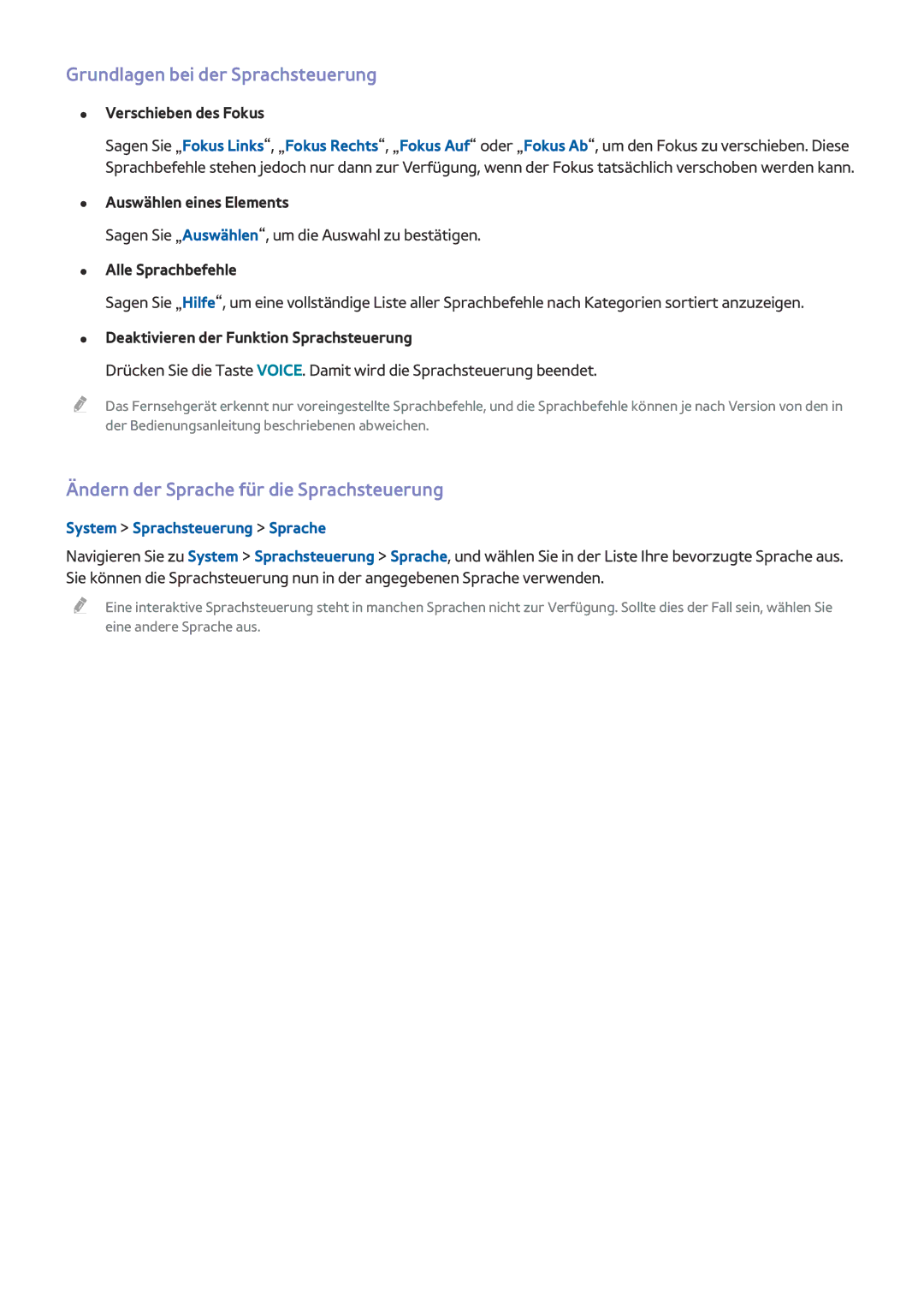 Samsung UE110S9STXZG, UE65HU8500LXXH manual Grundlagen bei der Sprachsteuerung, Ändern der Sprache für die Sprachsteuerung 