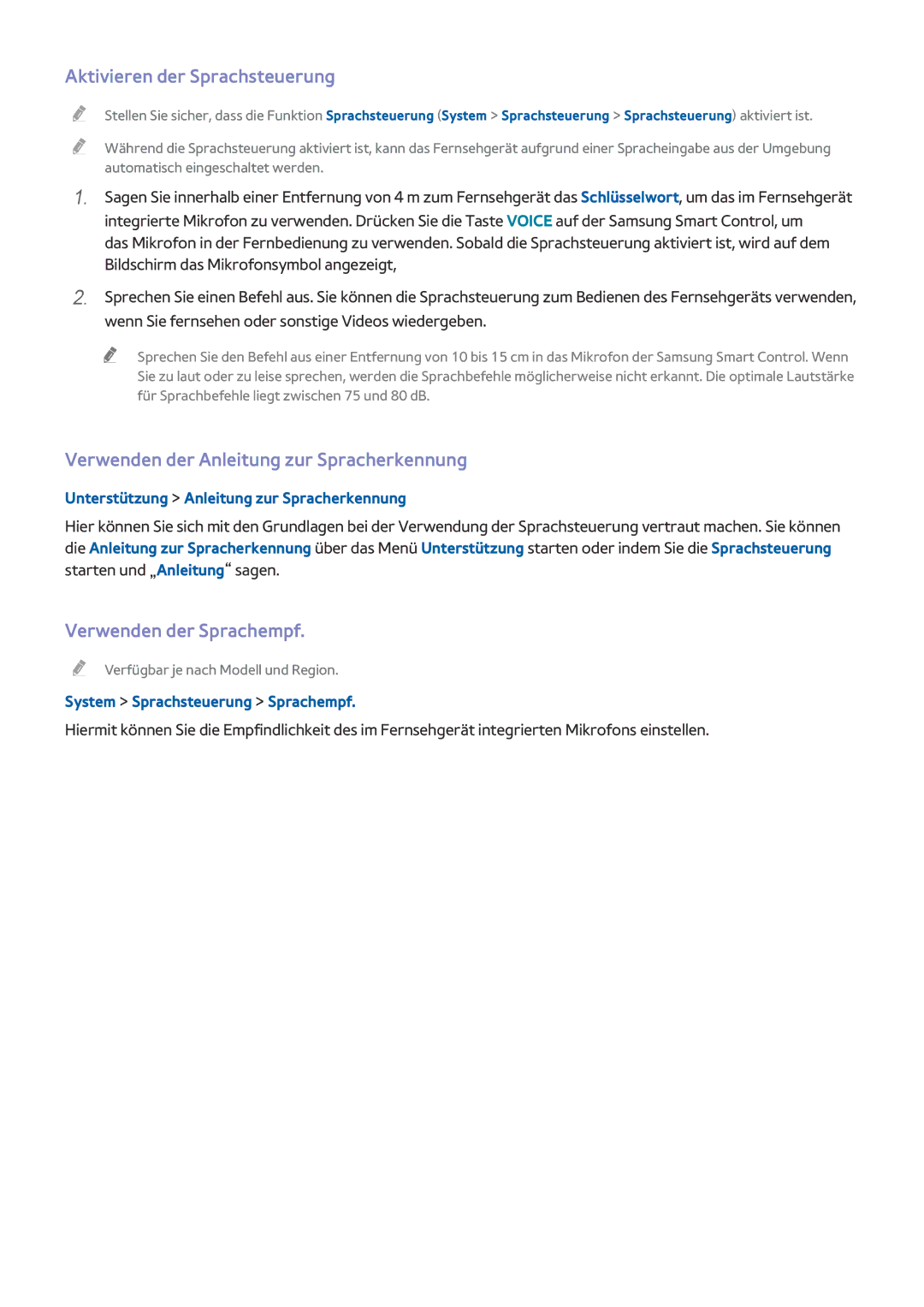 Samsung UE55HU8590VXZG manual Aktivieren der Sprachsteuerung, Verwenden der Sprachempf, System Sprachsteuerung Sprachempf 
