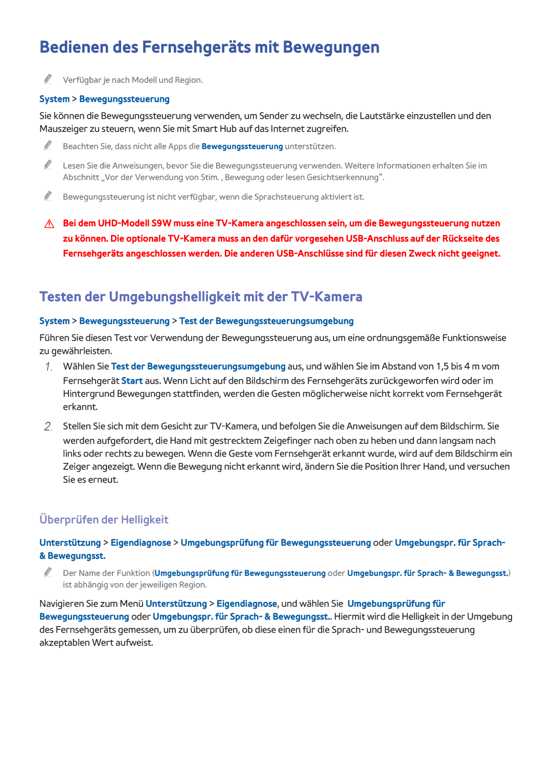 Samsung UE65HU8590VXZG manual Bedienen des Fernsehgeräts mit Bewegungen, Testen der Umgebungshelligkeit mit der TV-Kamera 